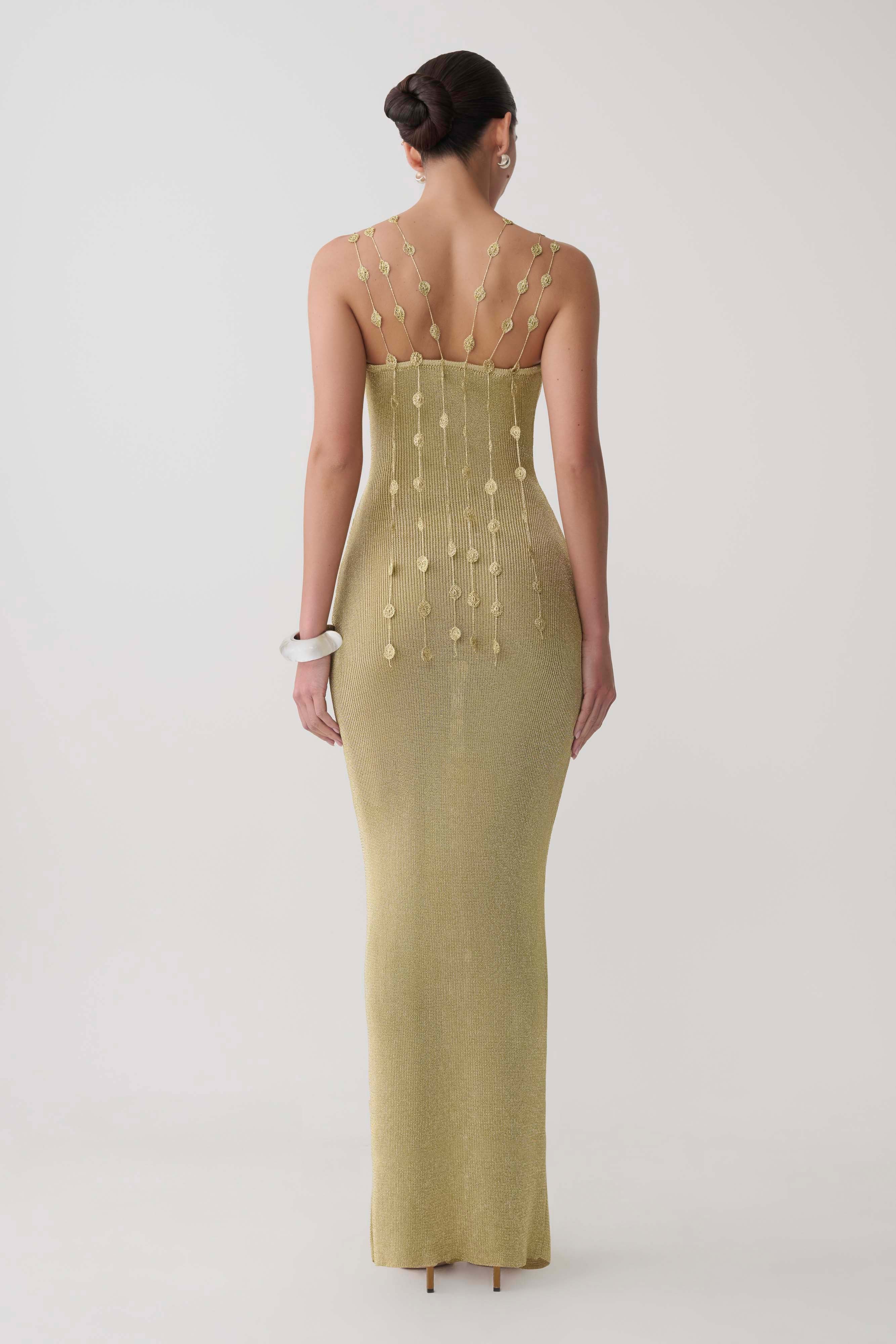 Shami Lurex Maxi Dress With Flowers - Gold