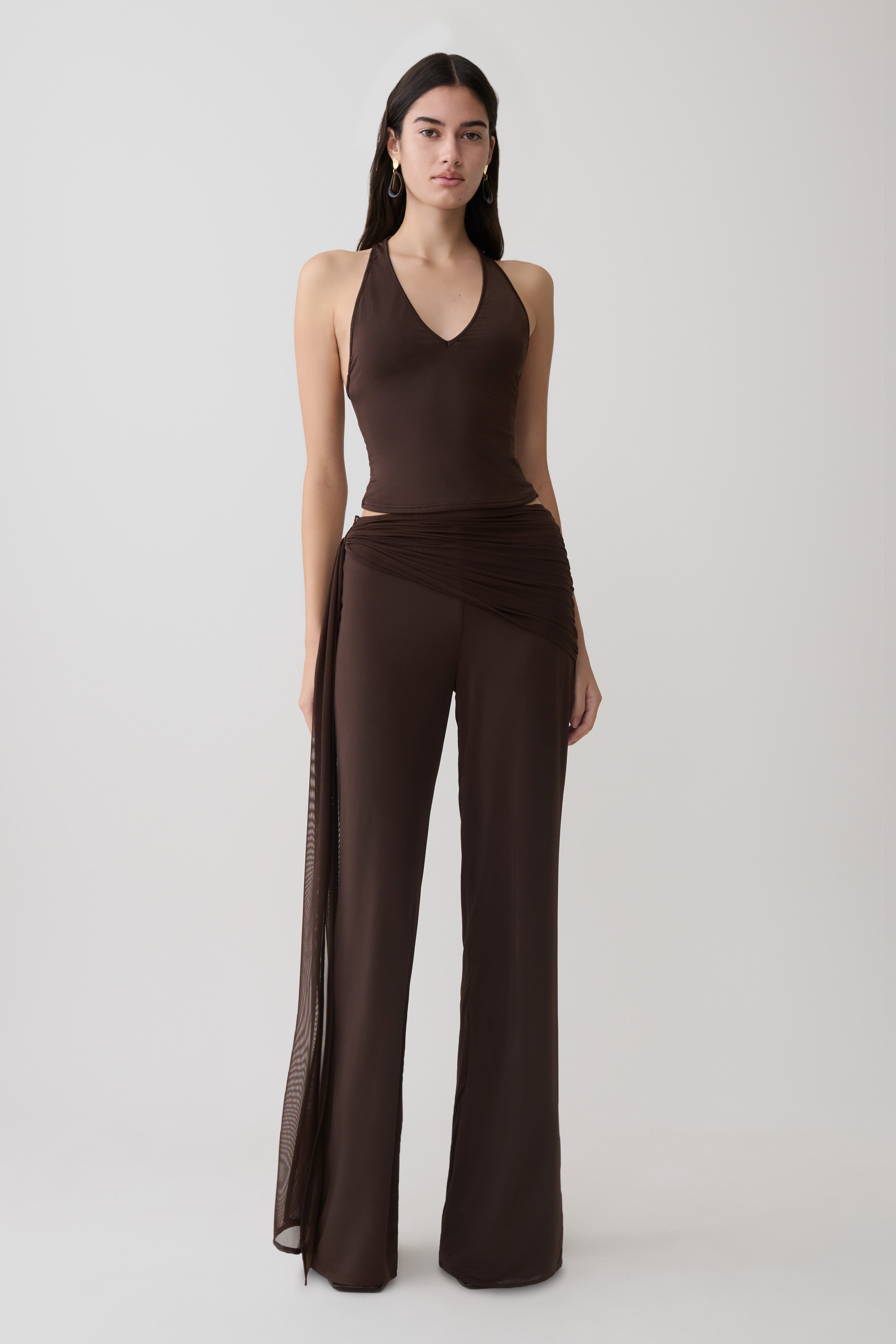 Aspyn Slinky And Mesh Top - Chocolate