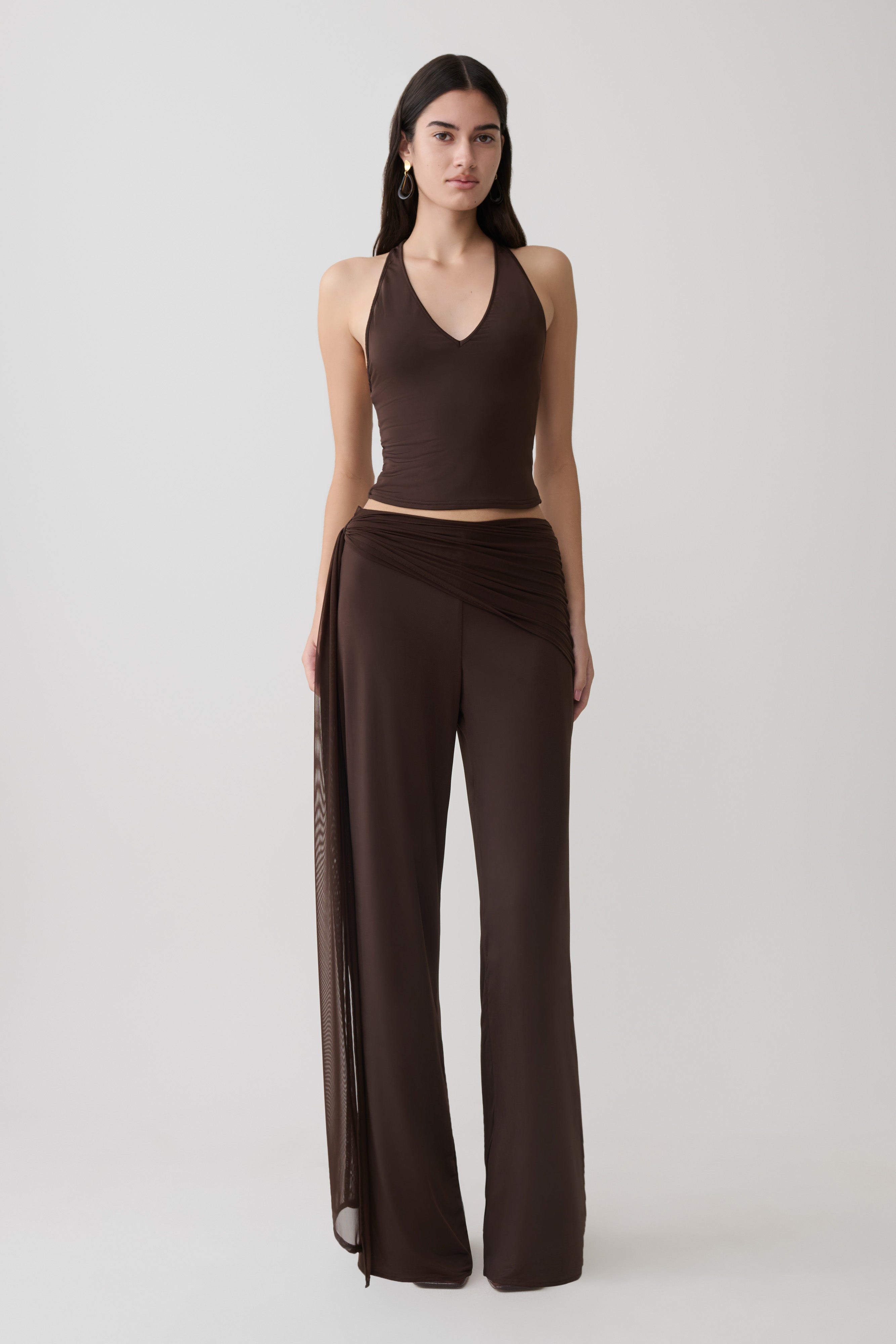Aspyn Slinky Gathered Wide Leg Pants - Chocolate