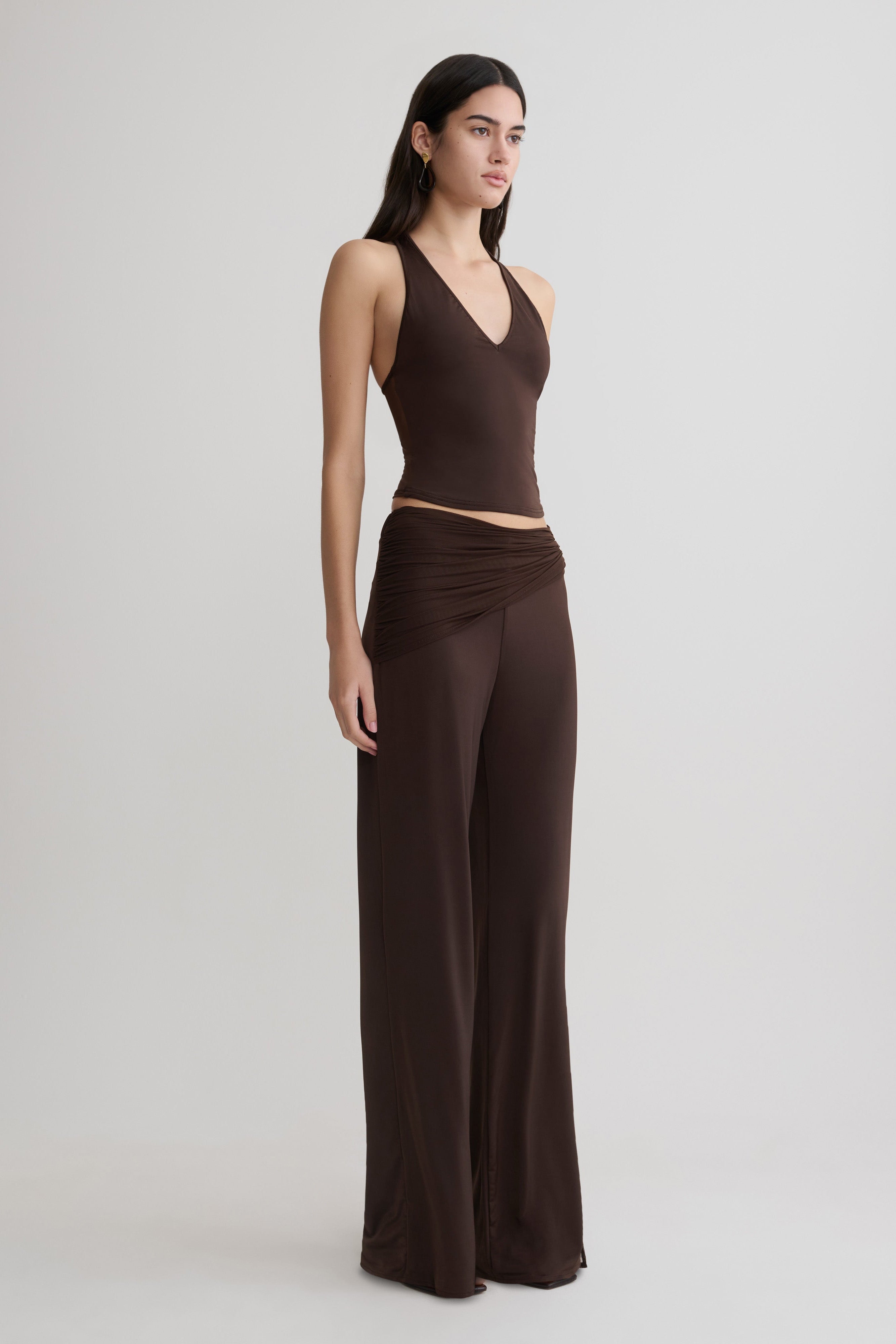 Aspyn Slinky And Mesh Top - Chocolate