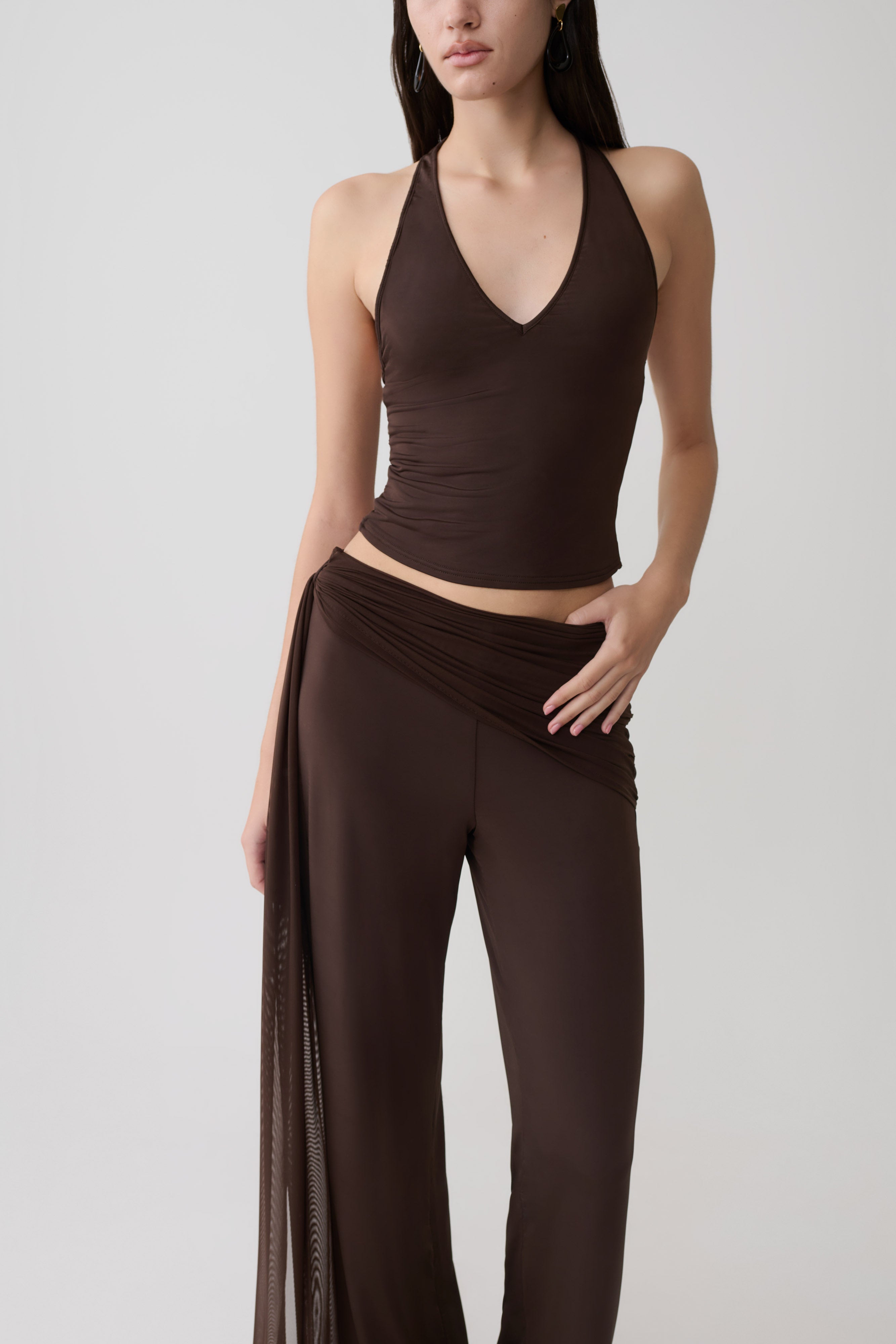 Aspyn Slinky And Mesh Top - Chocolate