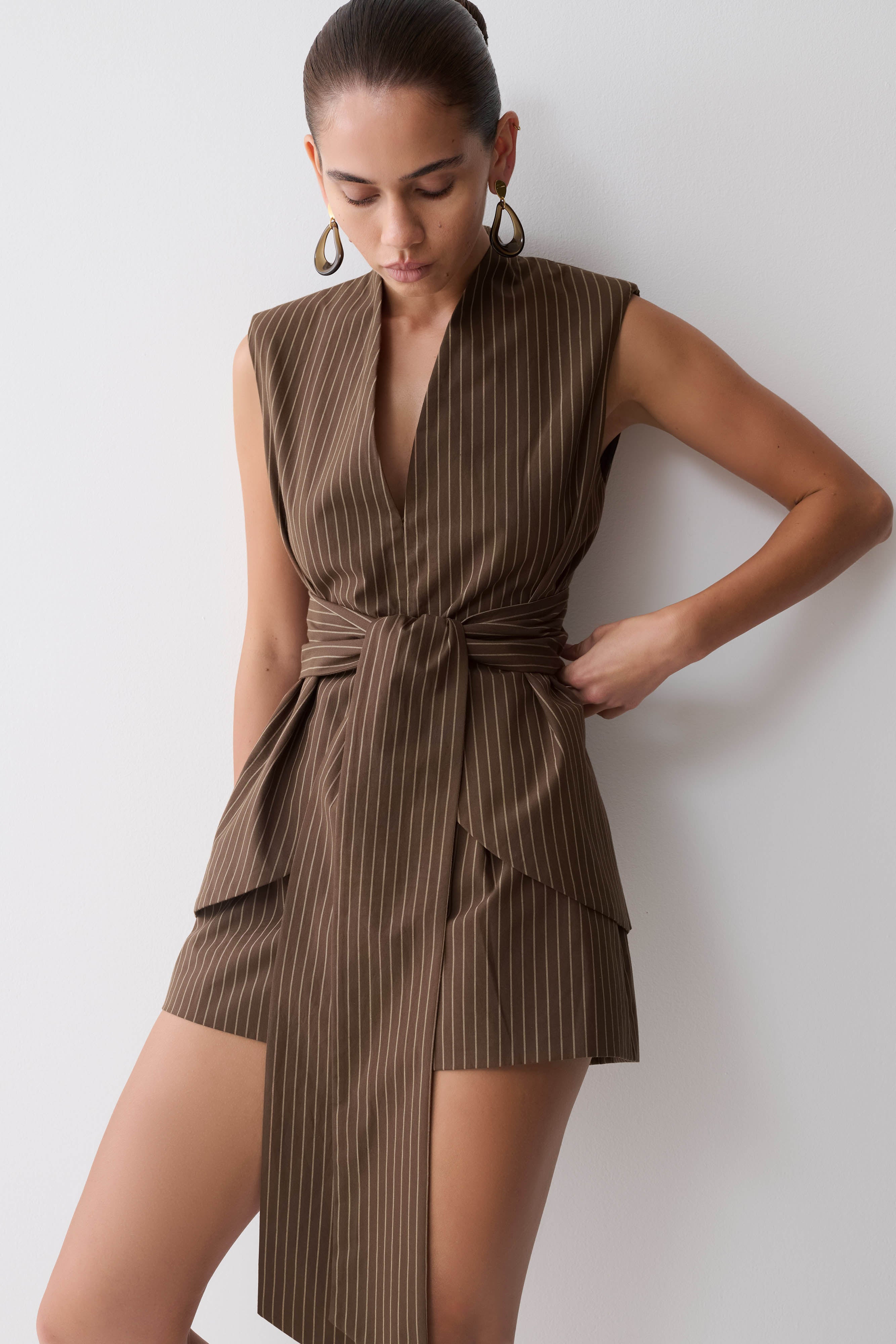 Alina Waist Tie Sleeveless Top - Chocolate