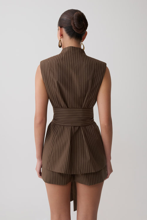 Alina Waist Tie Sleeveless Top - Chocolate