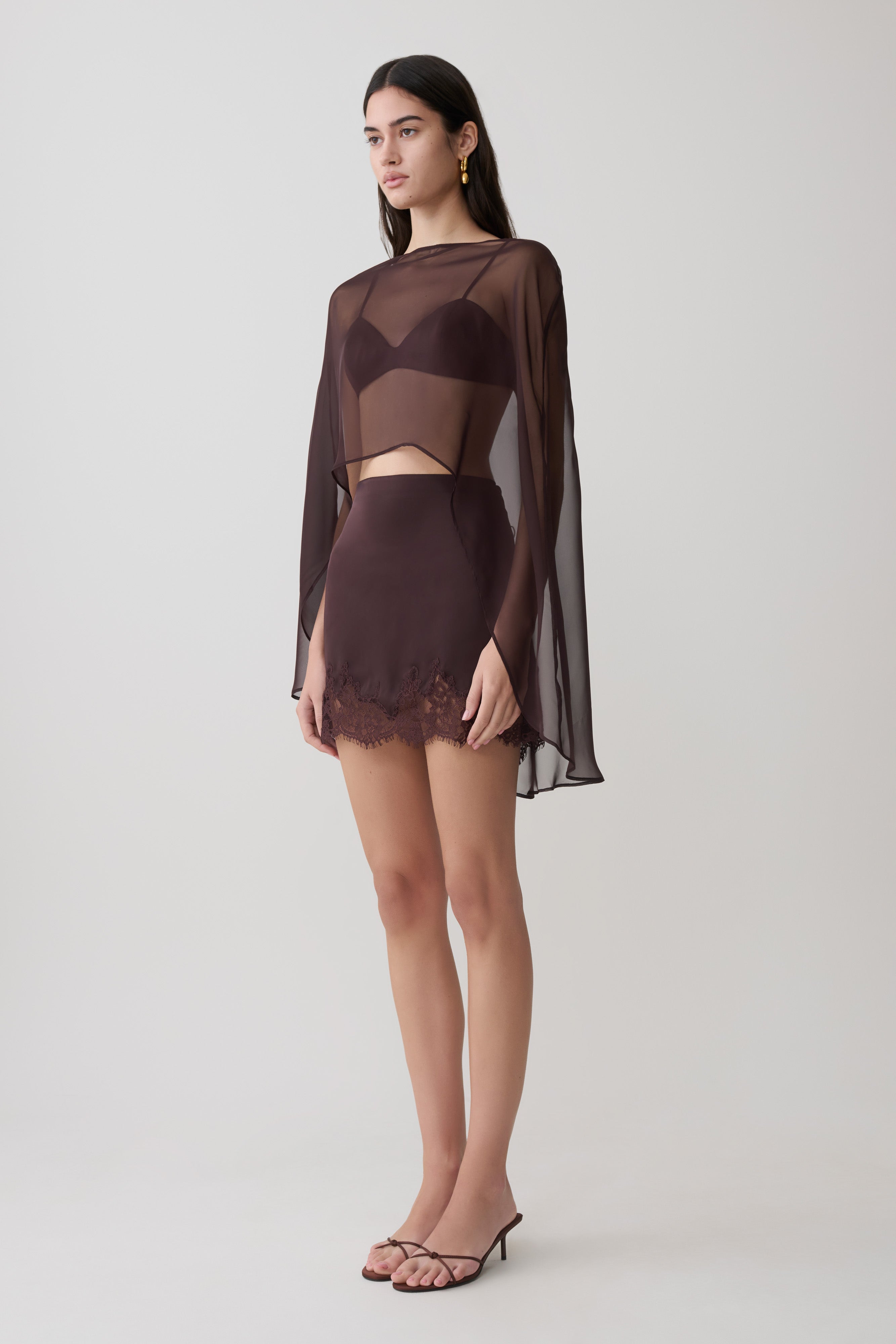 Kirstine Bralette With Chiffon Cape - Chocolate