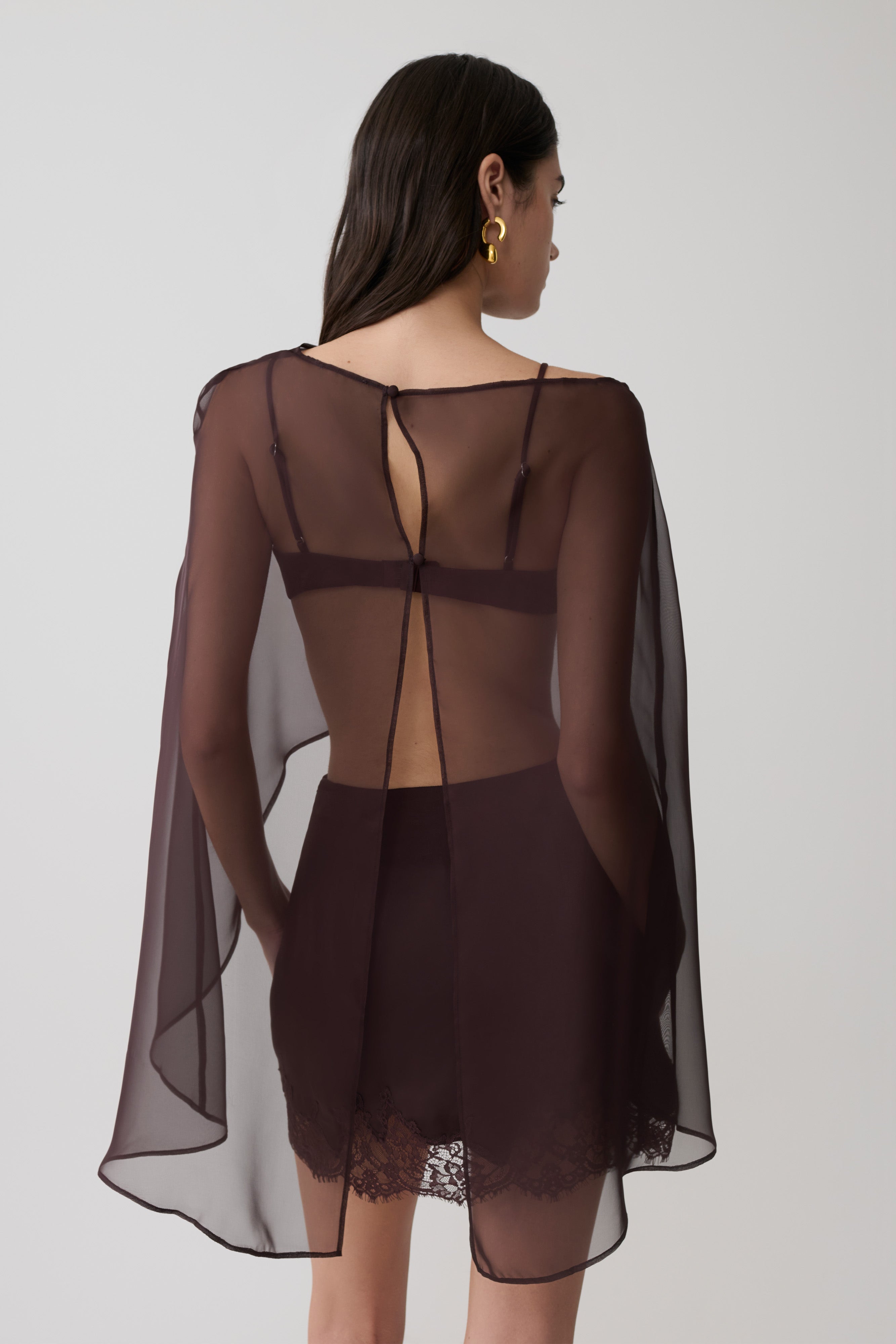 Kirstine Bralette With Chiffon Cape - Chocolate