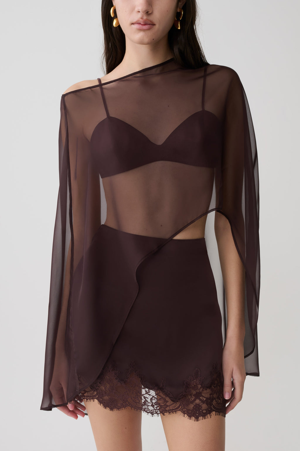 Kirstine Bralette With Chiffon Cape - Chocolate