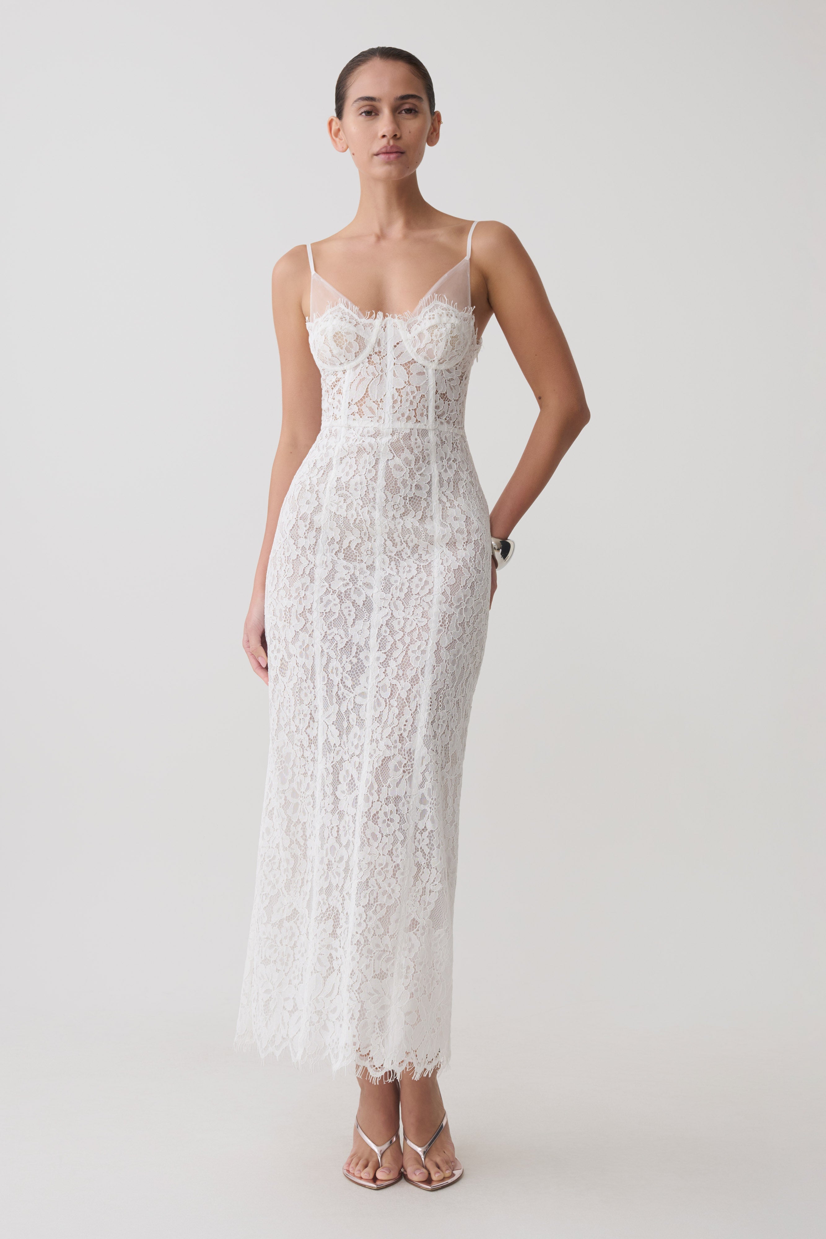 Ottilie Lace And Mesh Midi Dress - White