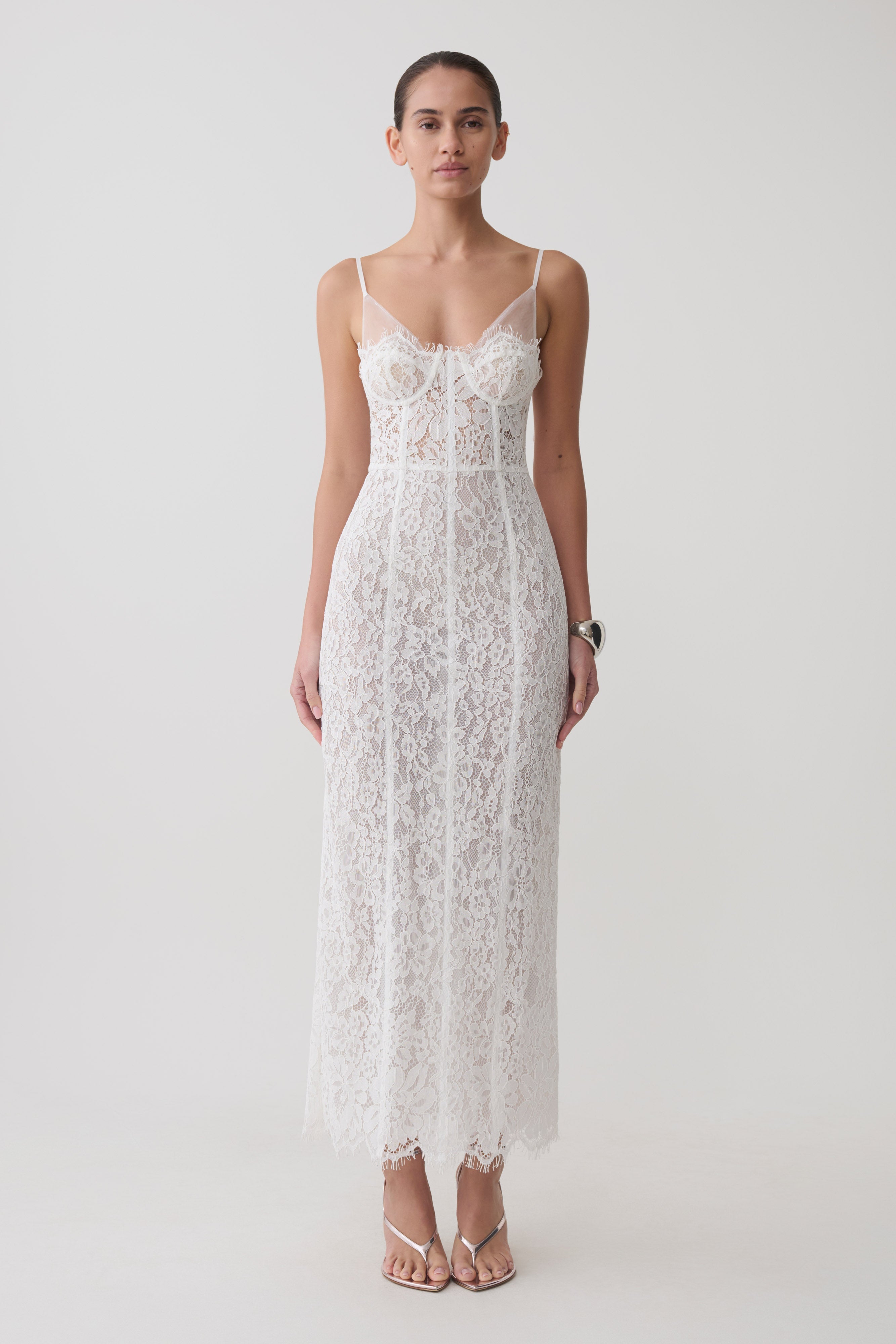Ottilie Lace And Mesh Midi Dress - White