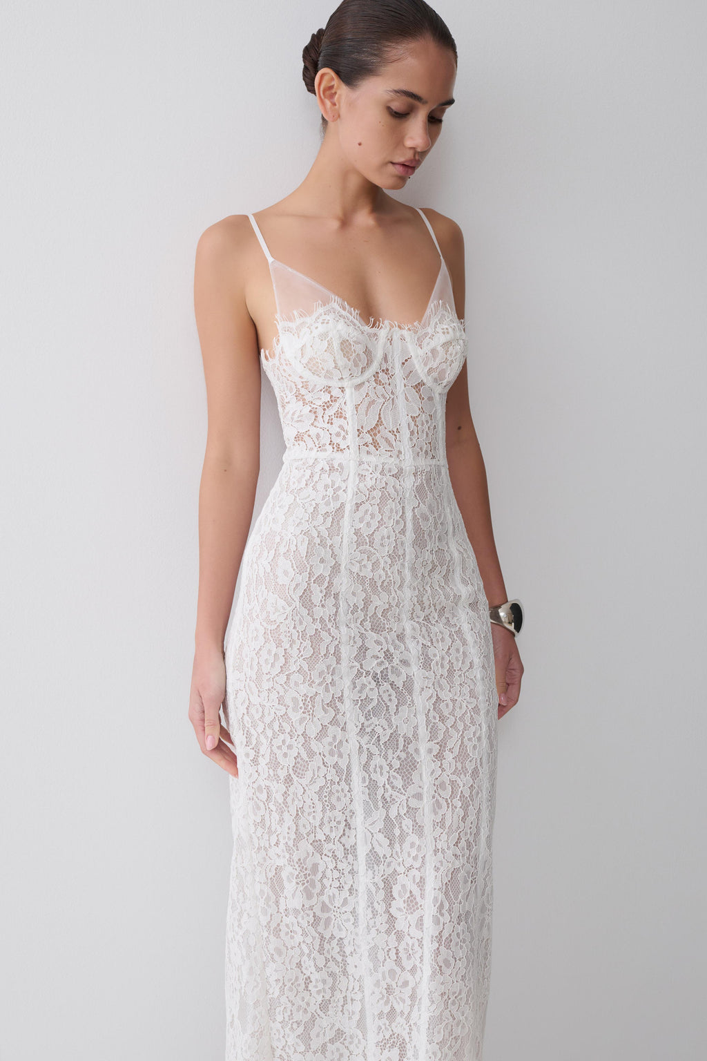 Ottilie Lace And Mesh Midi Dress - White
