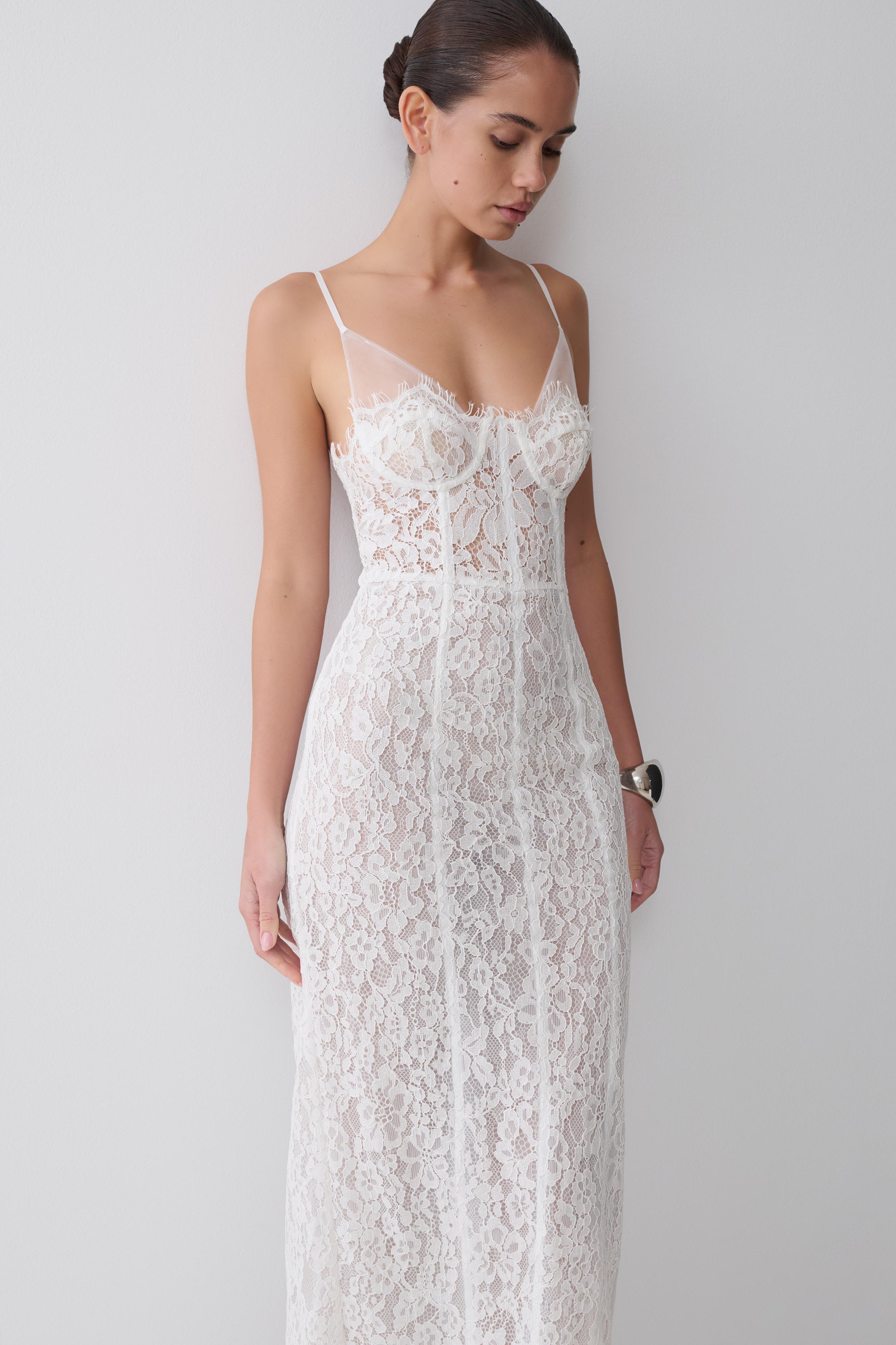 Ottilie Lace And Mesh Midi Dress - White