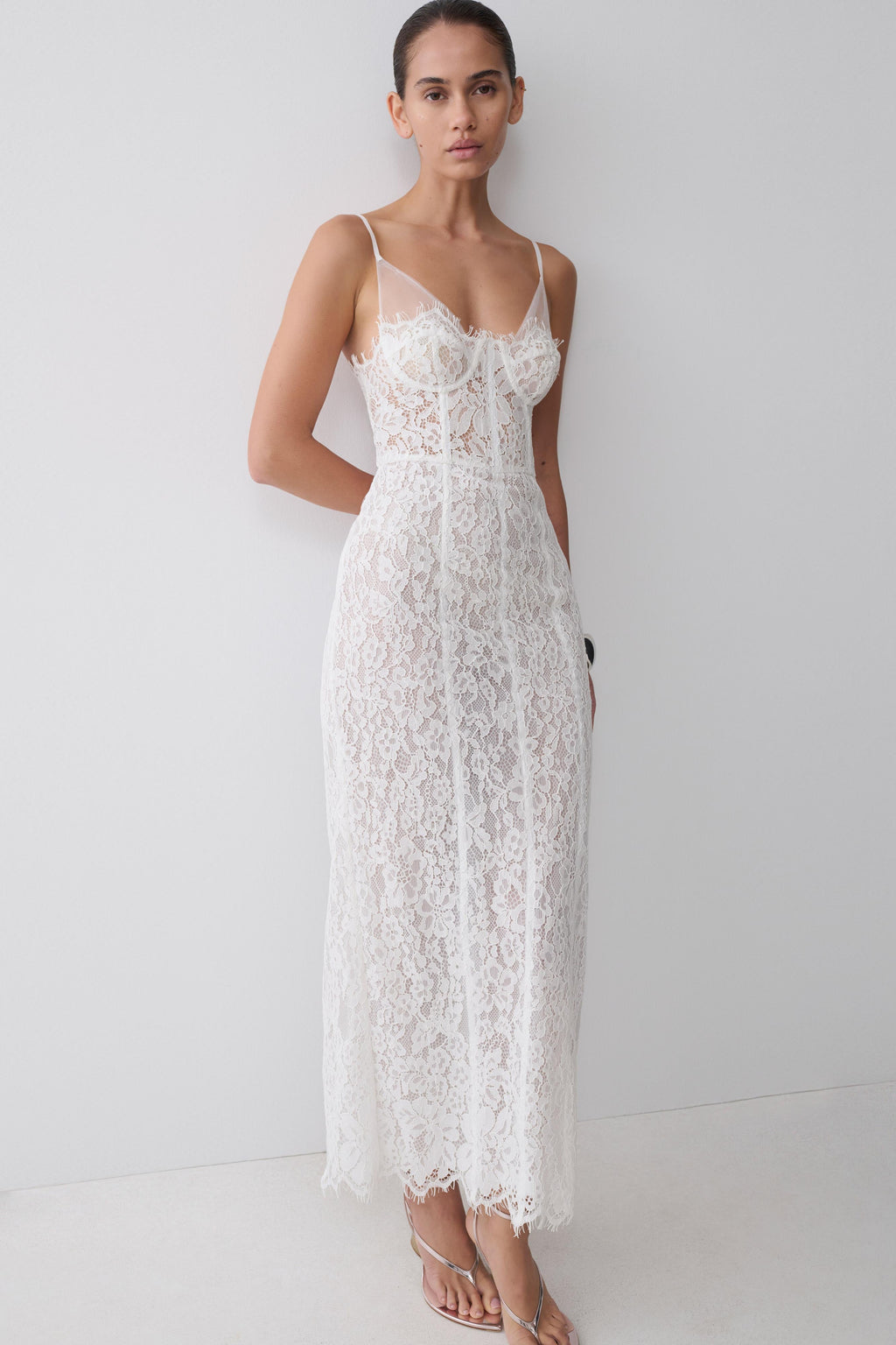 Ottilie Lace And Mesh Midi Dress - White