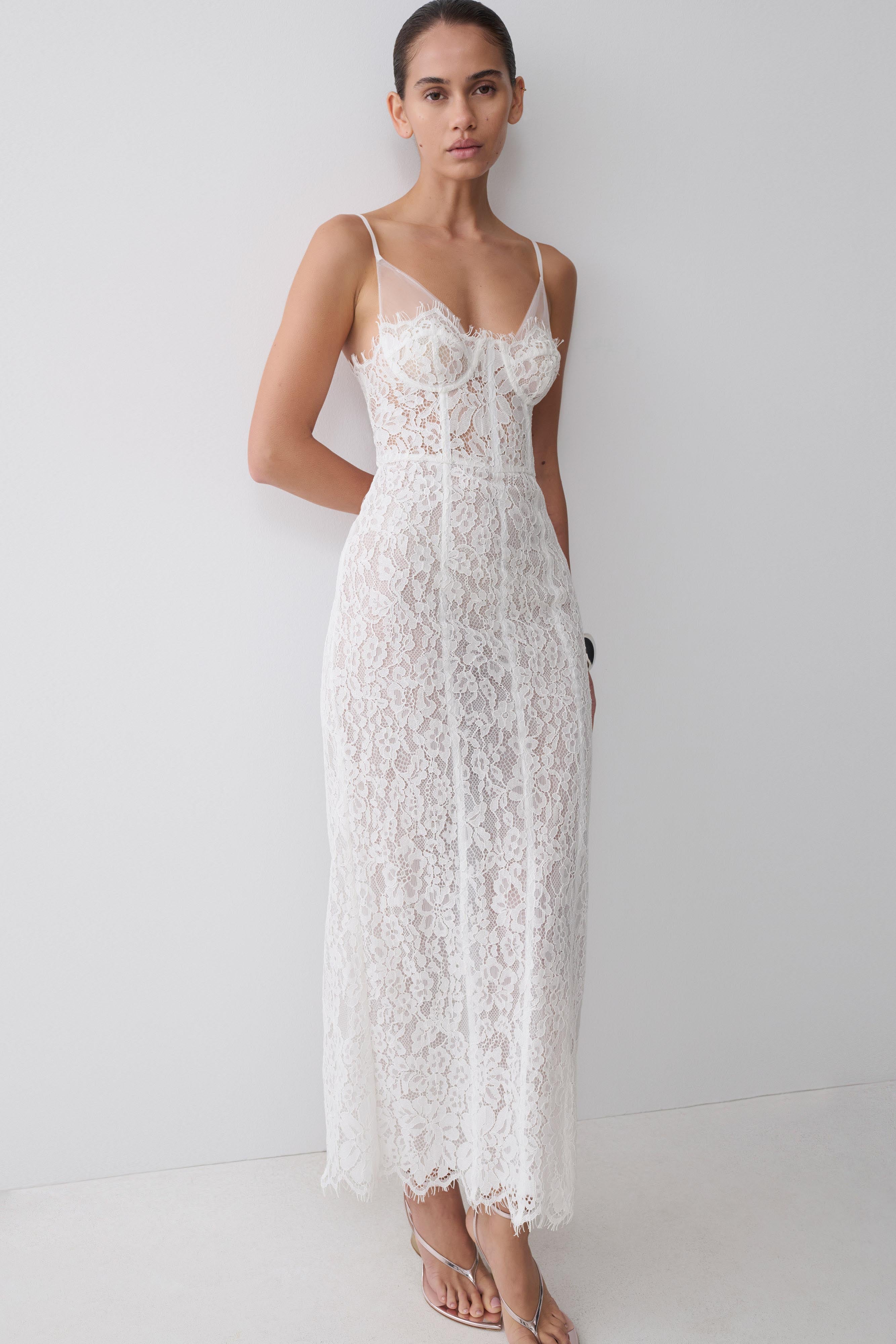 Ottilie Lace And Mesh Midi Dress - White