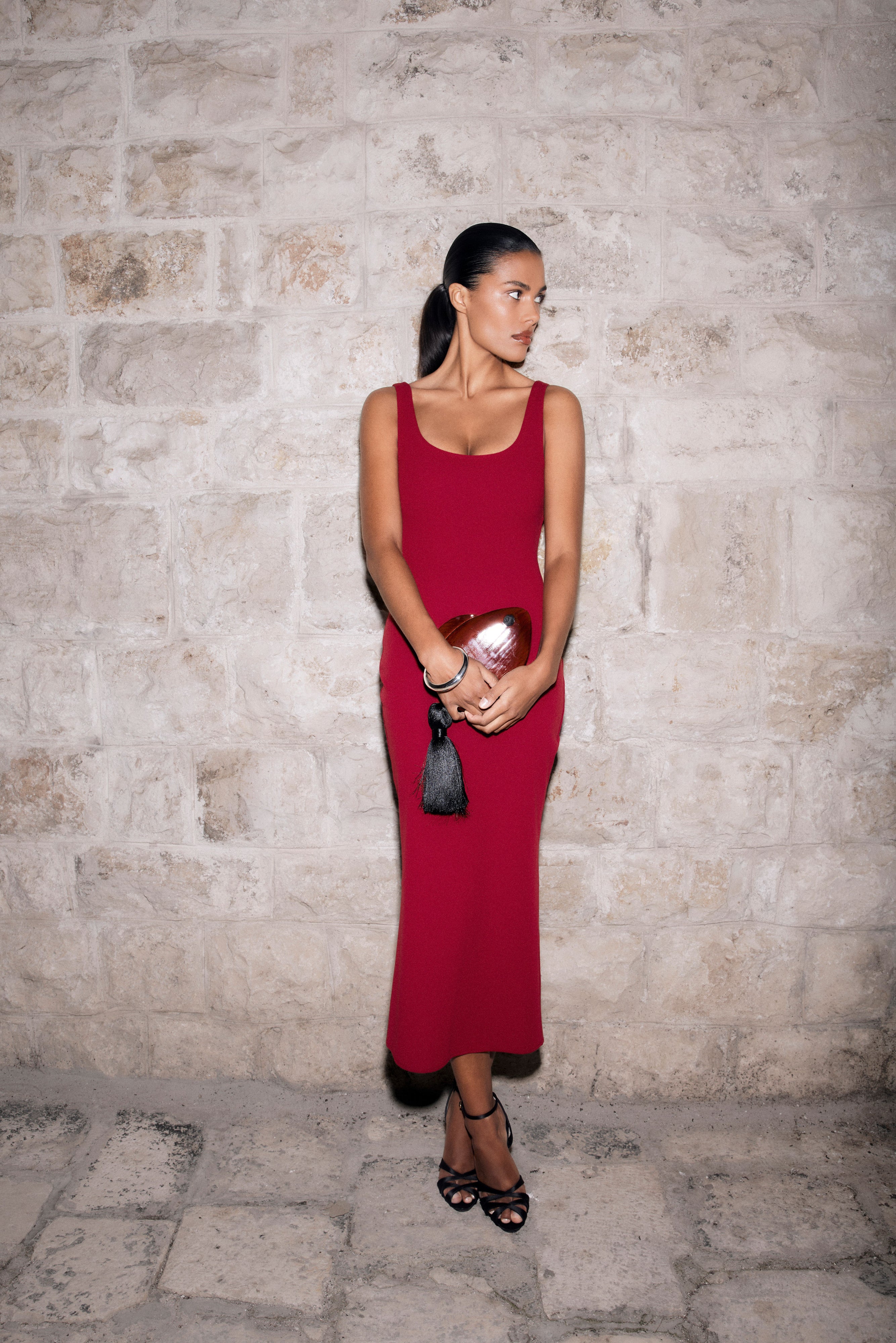 Allyra Scoop Stretch Crepe Midi Dress - Red