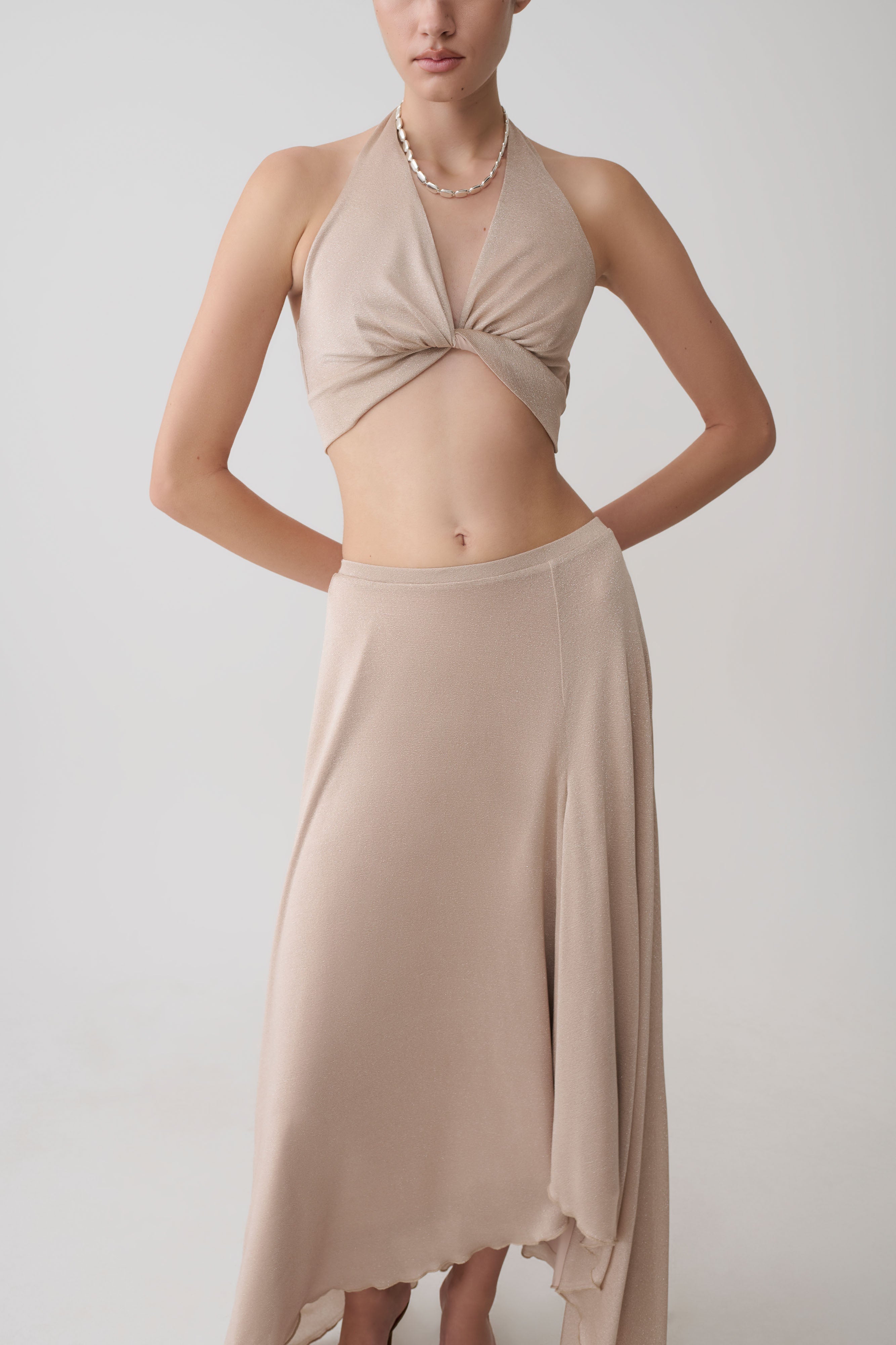 Nola Draped Lurex Halter Top - Gold
