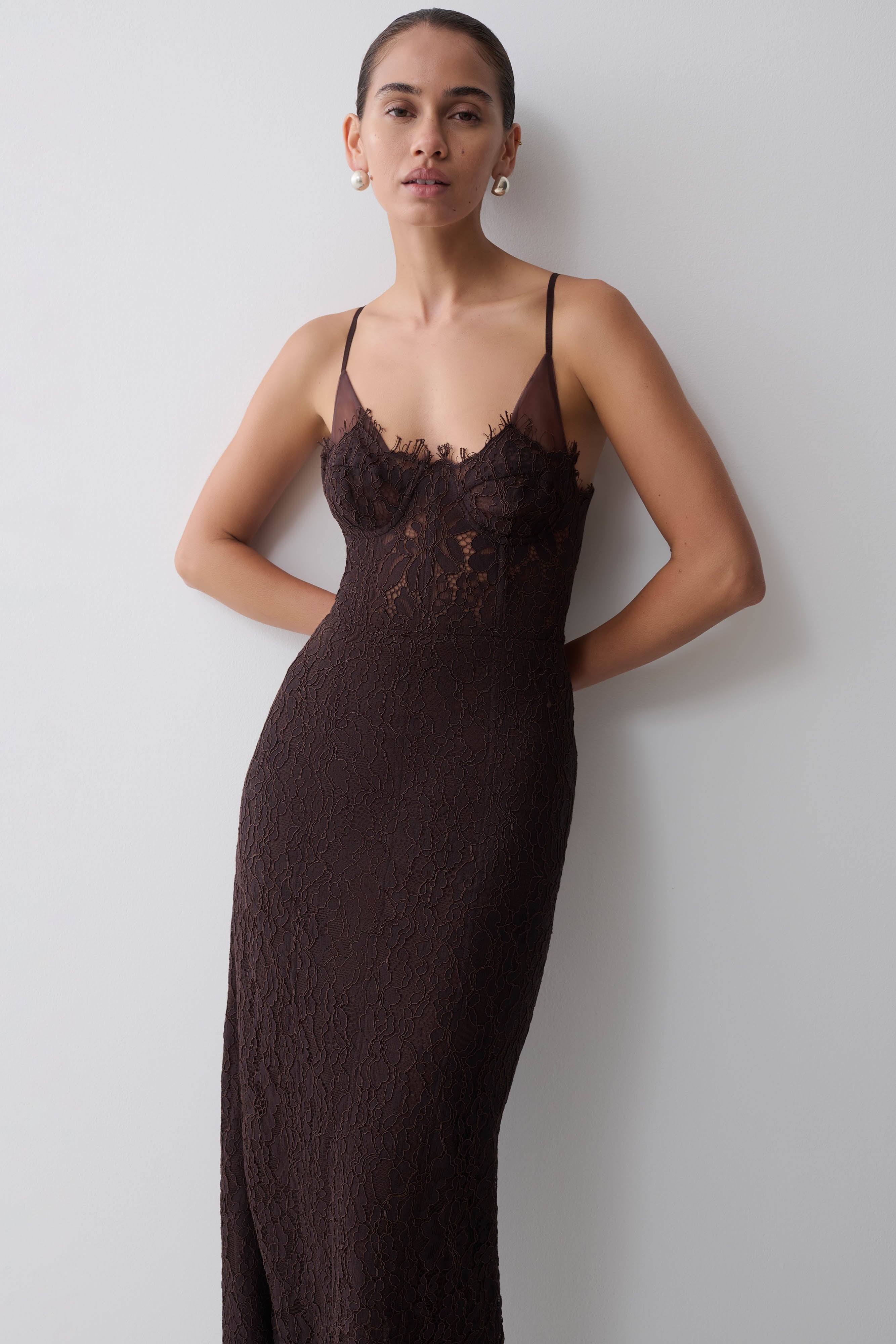 Ottilie Lace And Mesh Midi Dress - Dark Chocolate