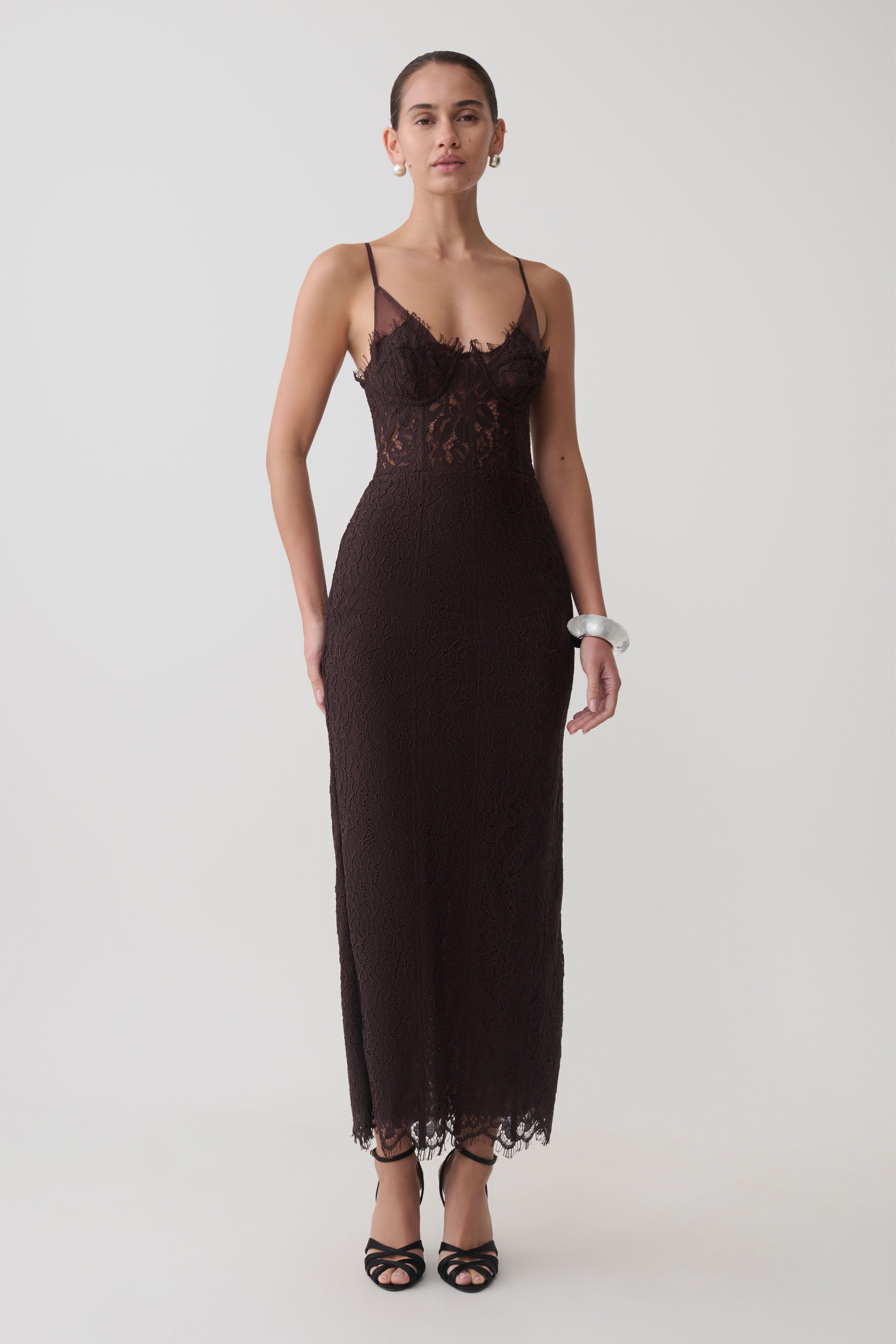 Ottilie Lace And Mesh Midi Dress - Dark Chocolate