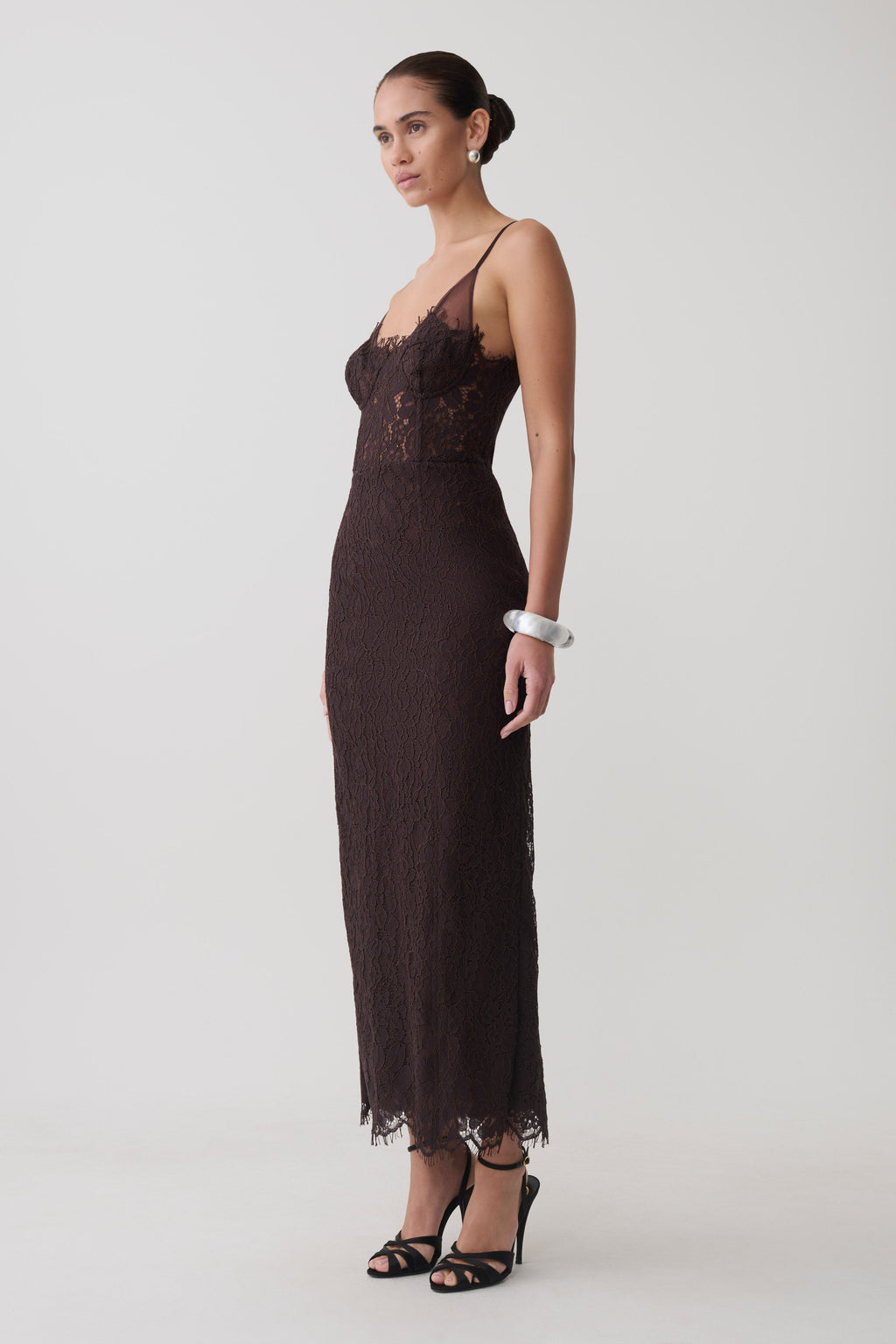 Ottilie Lace And Mesh Midi Dress - Dark Chocolate