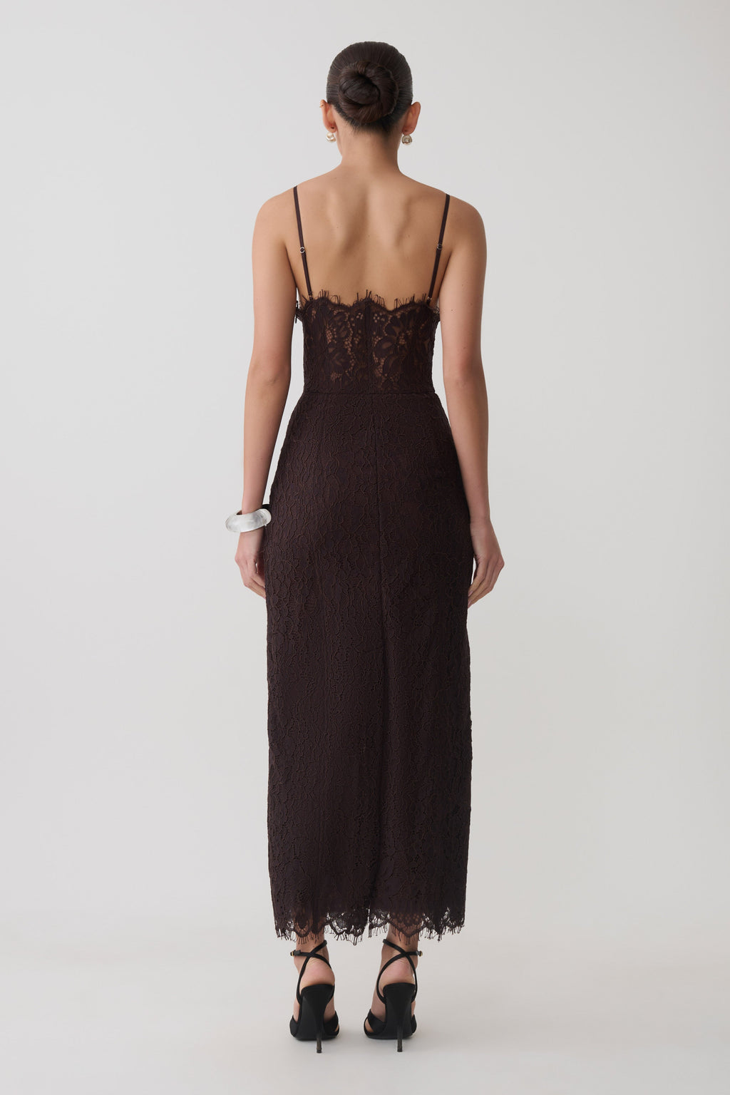 Ottilie Lace And Mesh Midi Dress - Dark Chocolate