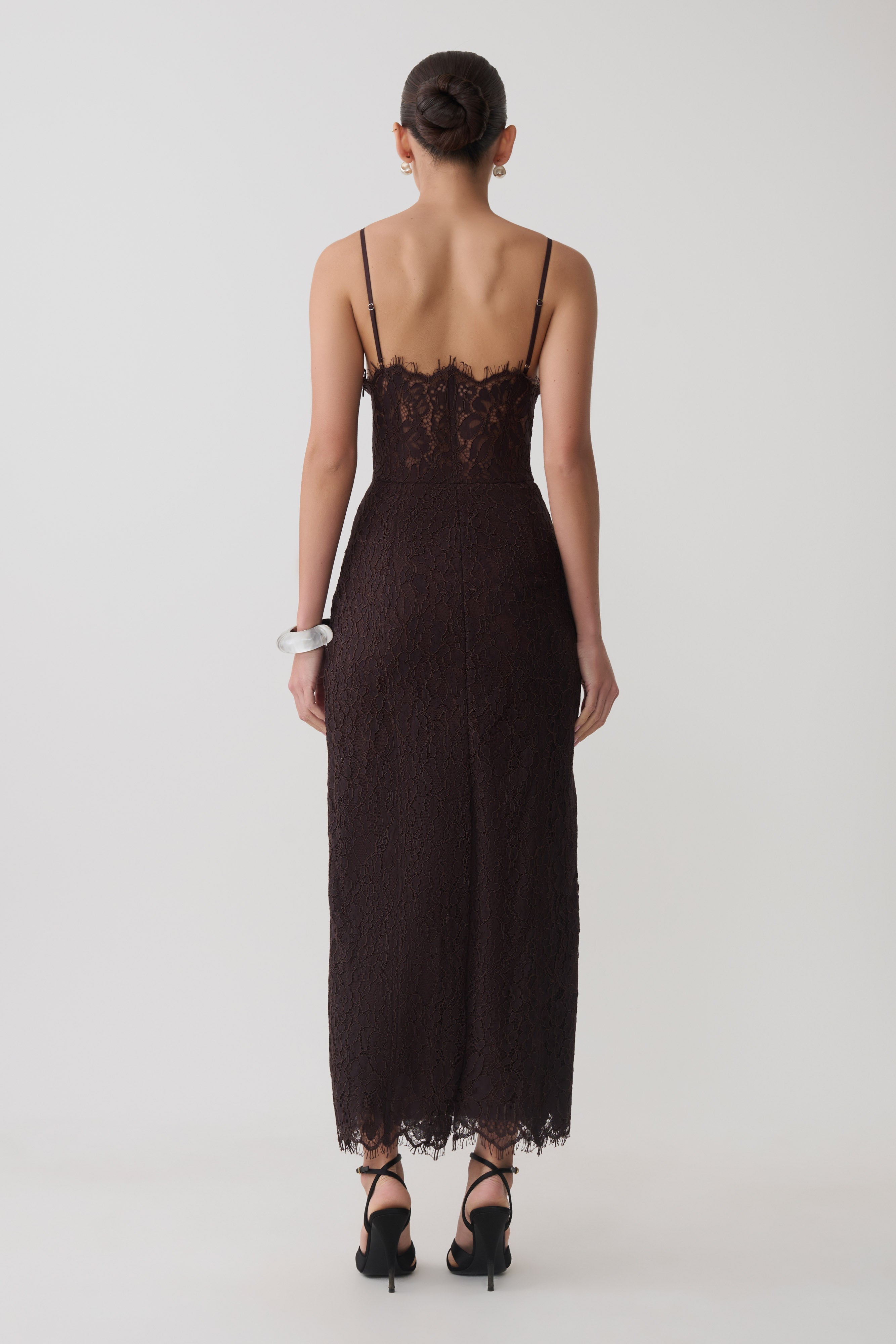 Ottilie Lace And Mesh Midi Dress - Dark Chocolate
