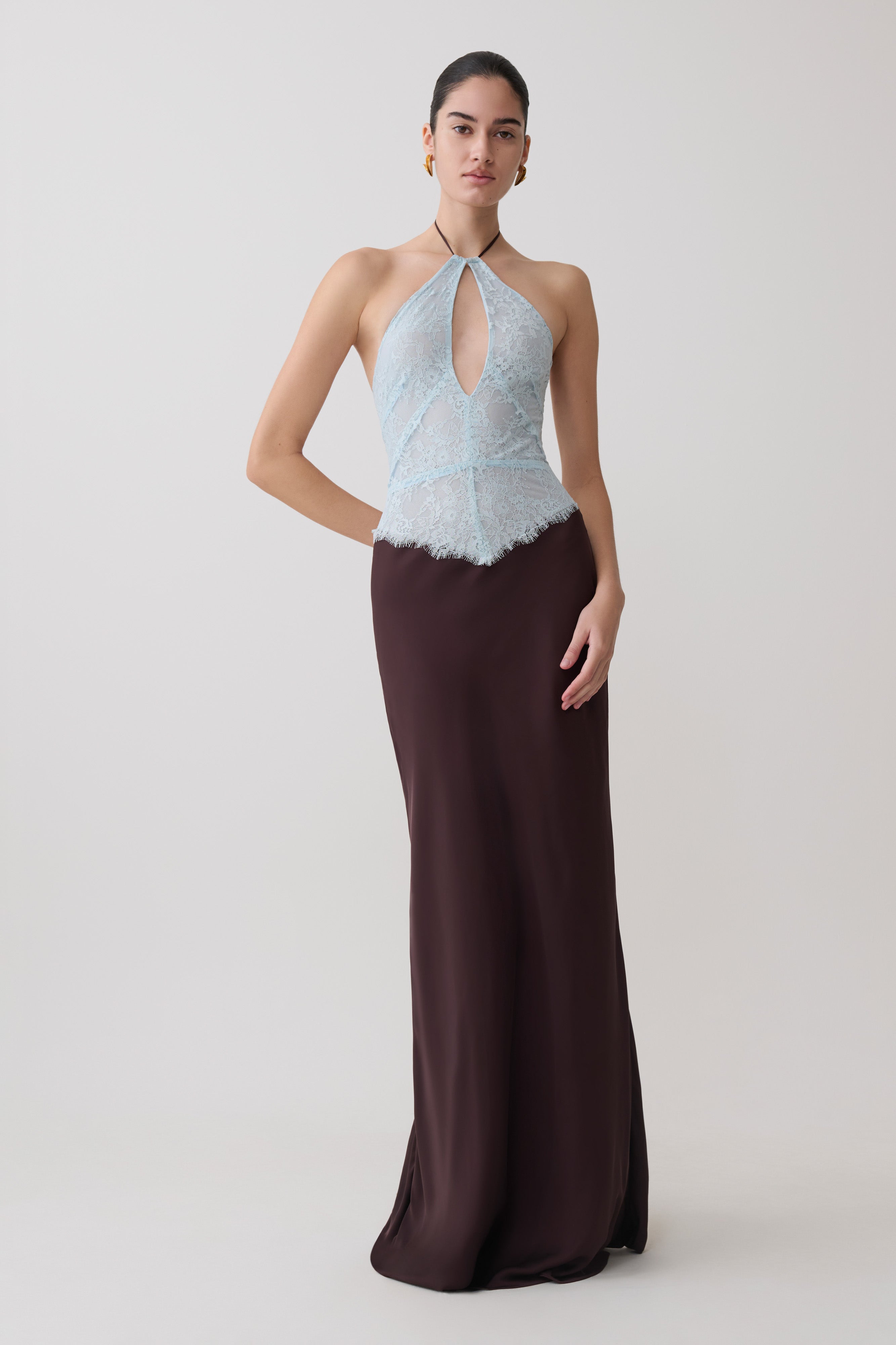 Sascha Lace And Satin Halter Maxi Dress - Ice Blue/Chocolate