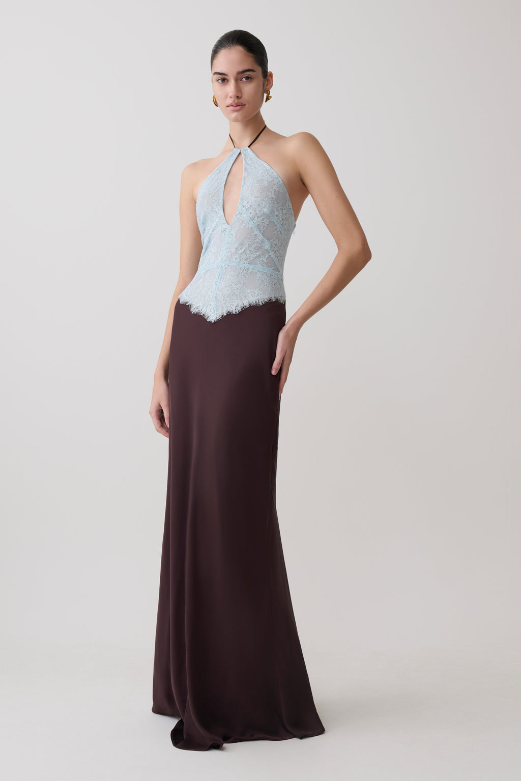 Sascha Lace And Satin Halter Maxi Dress - Ice Blue/Chocolate