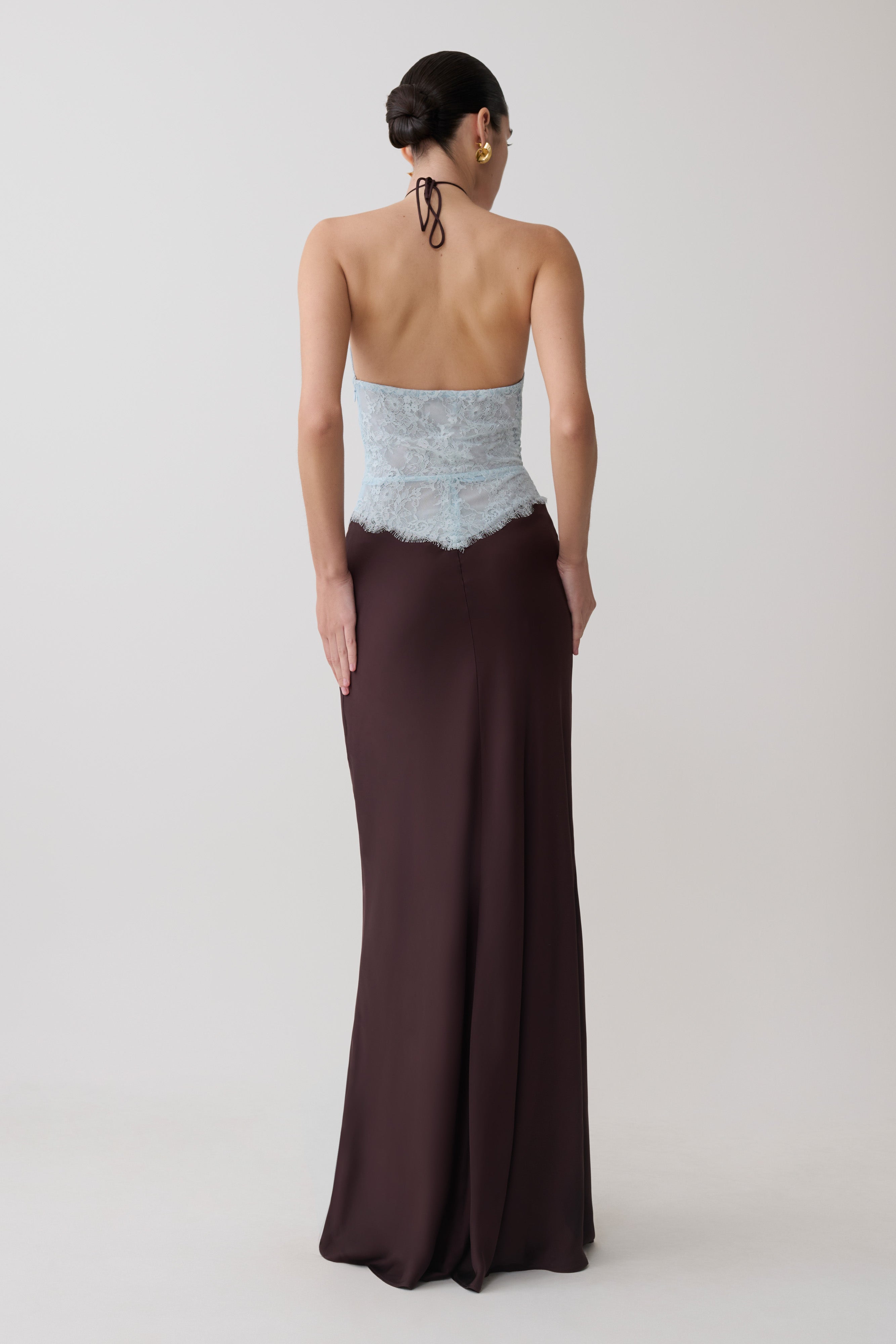 Sascha Lace And Satin Halter Maxi Dress - Ice Blue/Chocolate