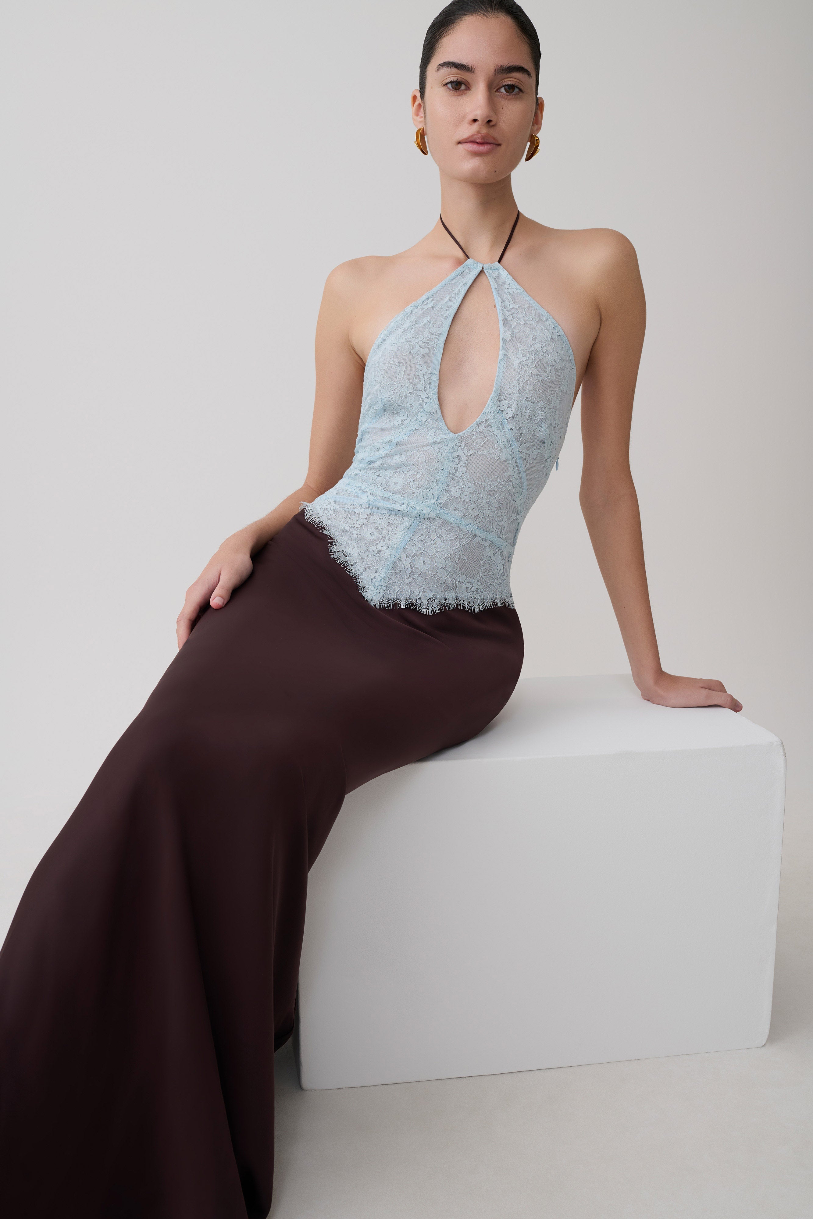 Sascha Lace And Satin Halter Maxi Dress - Ice Blue/Chocolate