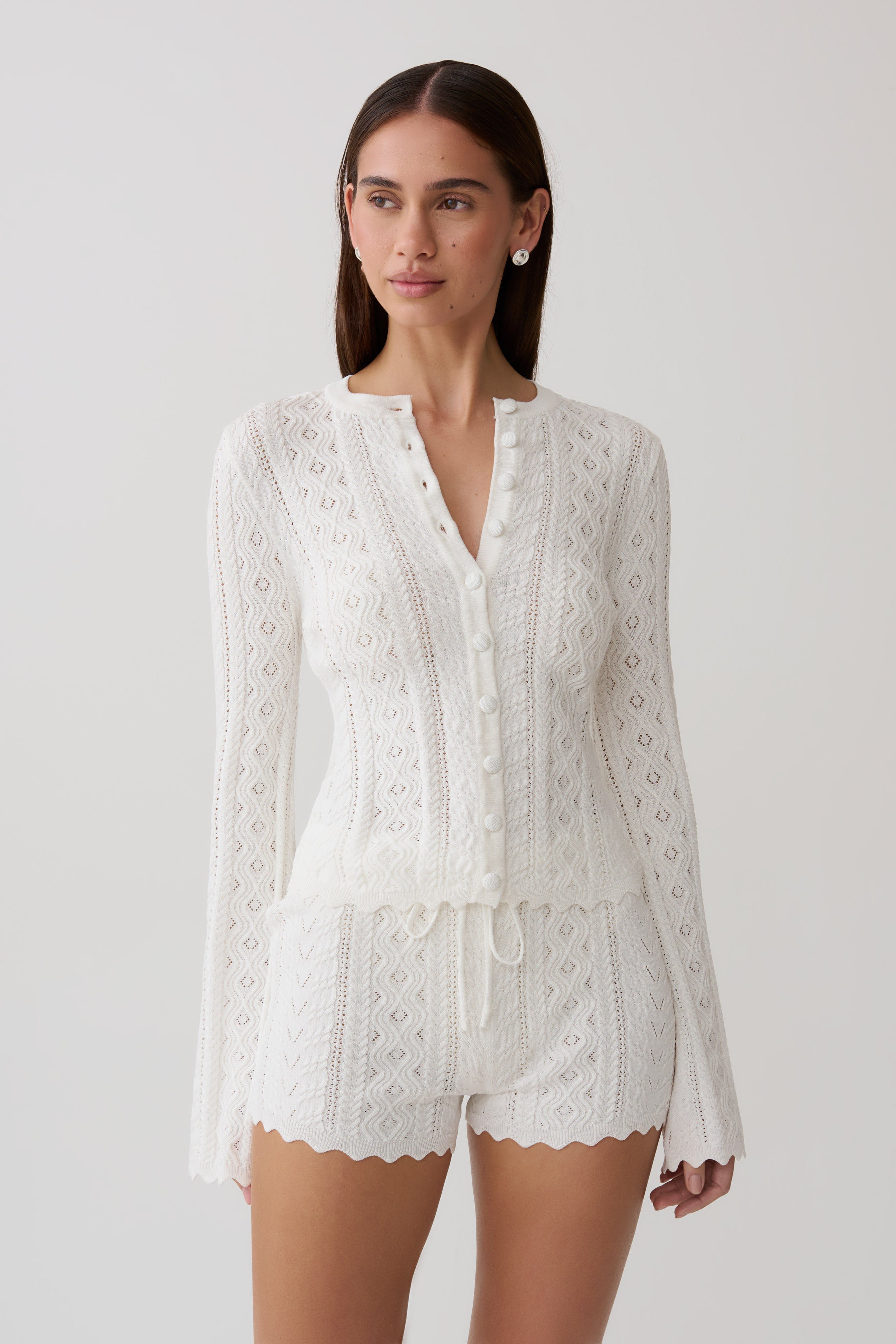 Darlene Pointelle Knit Long Sleeve Top - White