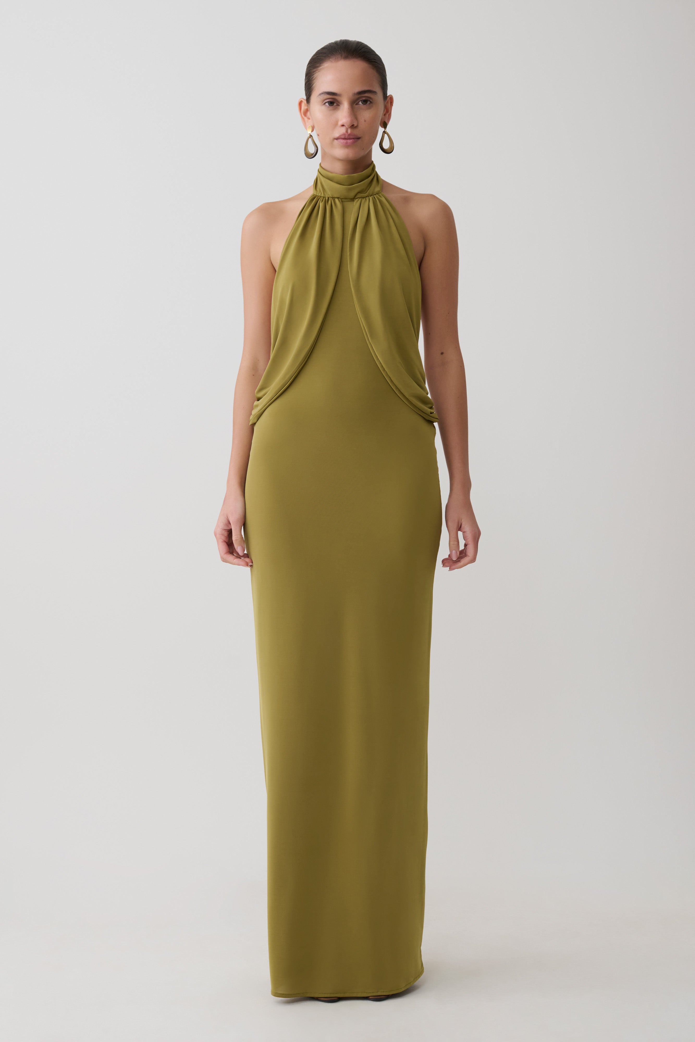 Joan Halter Neck Slinky Maxi Dress - Martini Olive