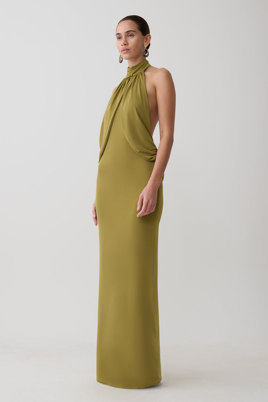 Joan Halter Neck Slinky Maxi Dress - Martini Olive