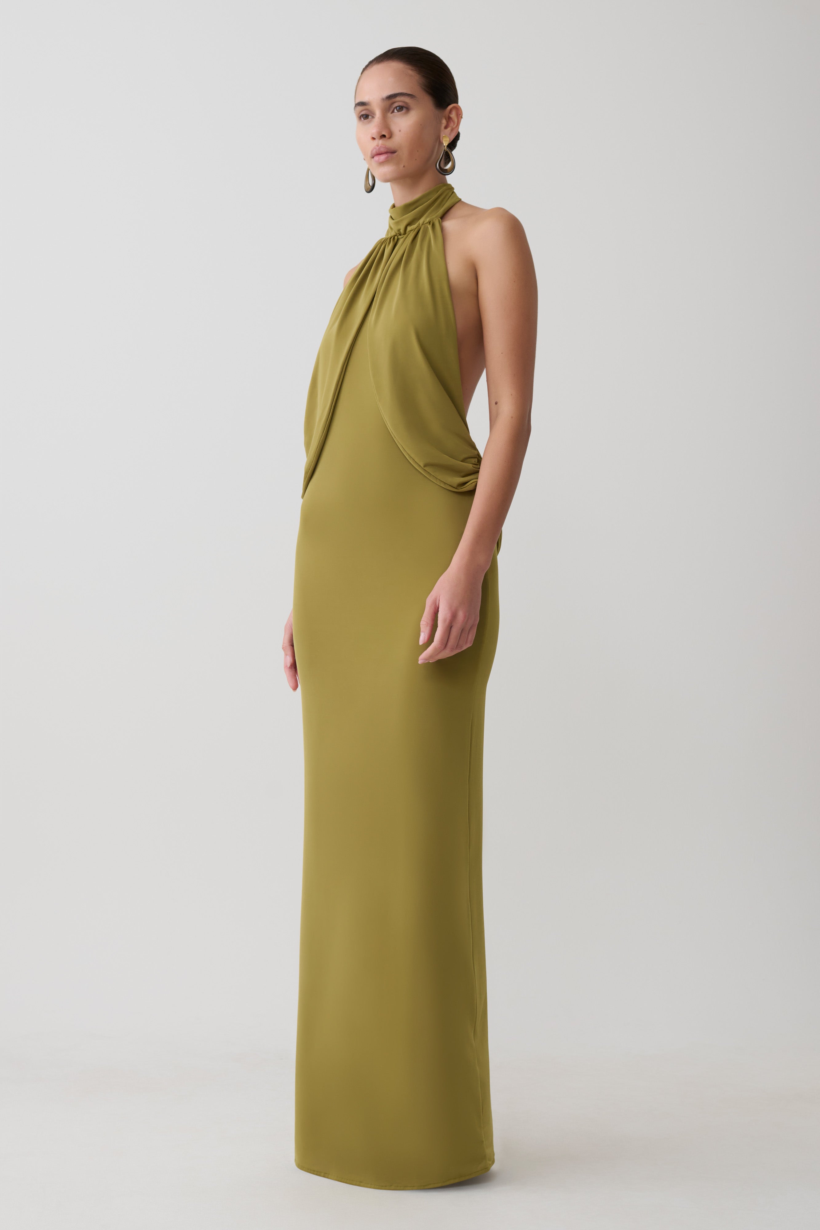Joan Halter Neck Slinky Maxi Dress - Martini Olive
