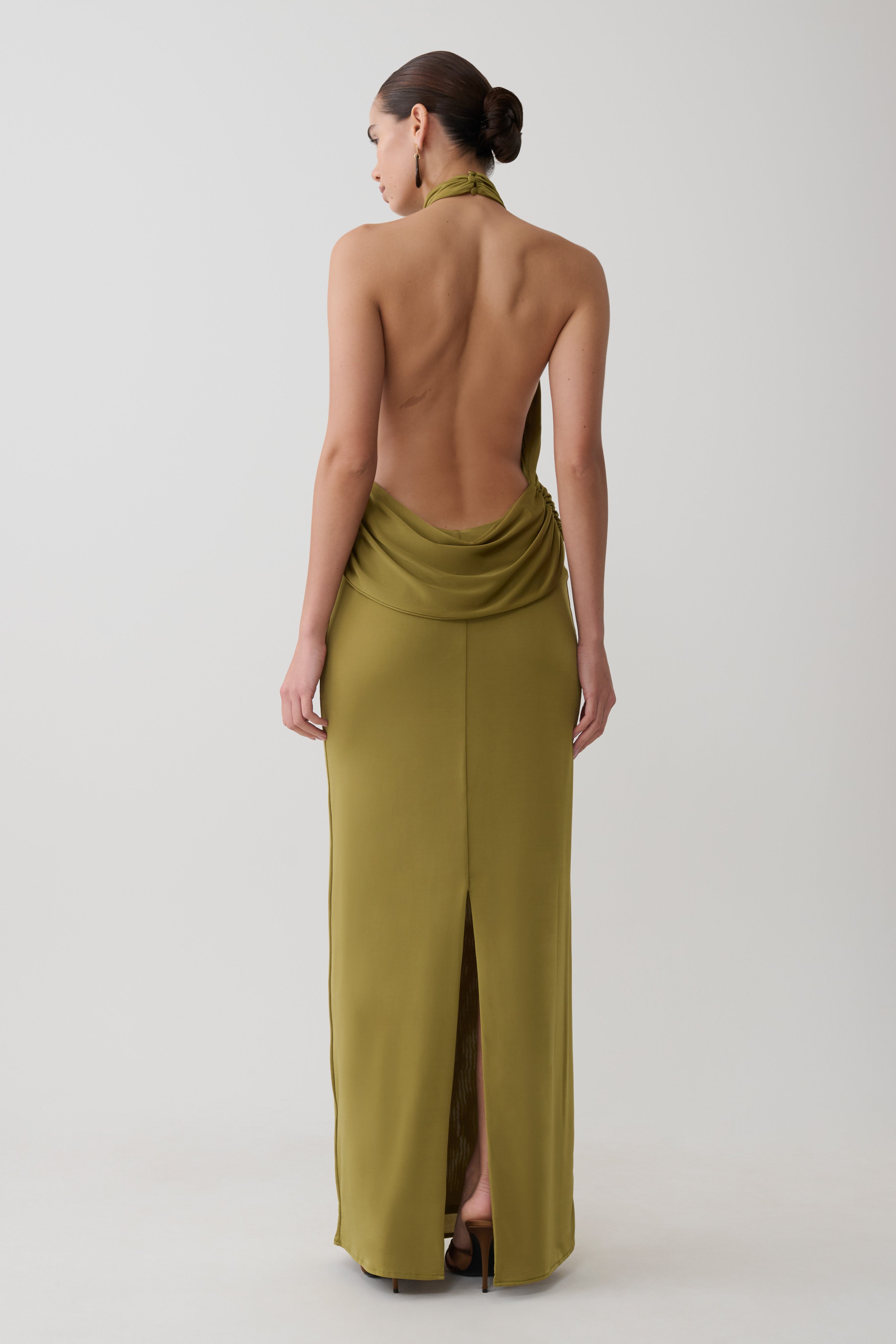 Joan Halter Neck Slinky Maxi Dress - Martini Olive