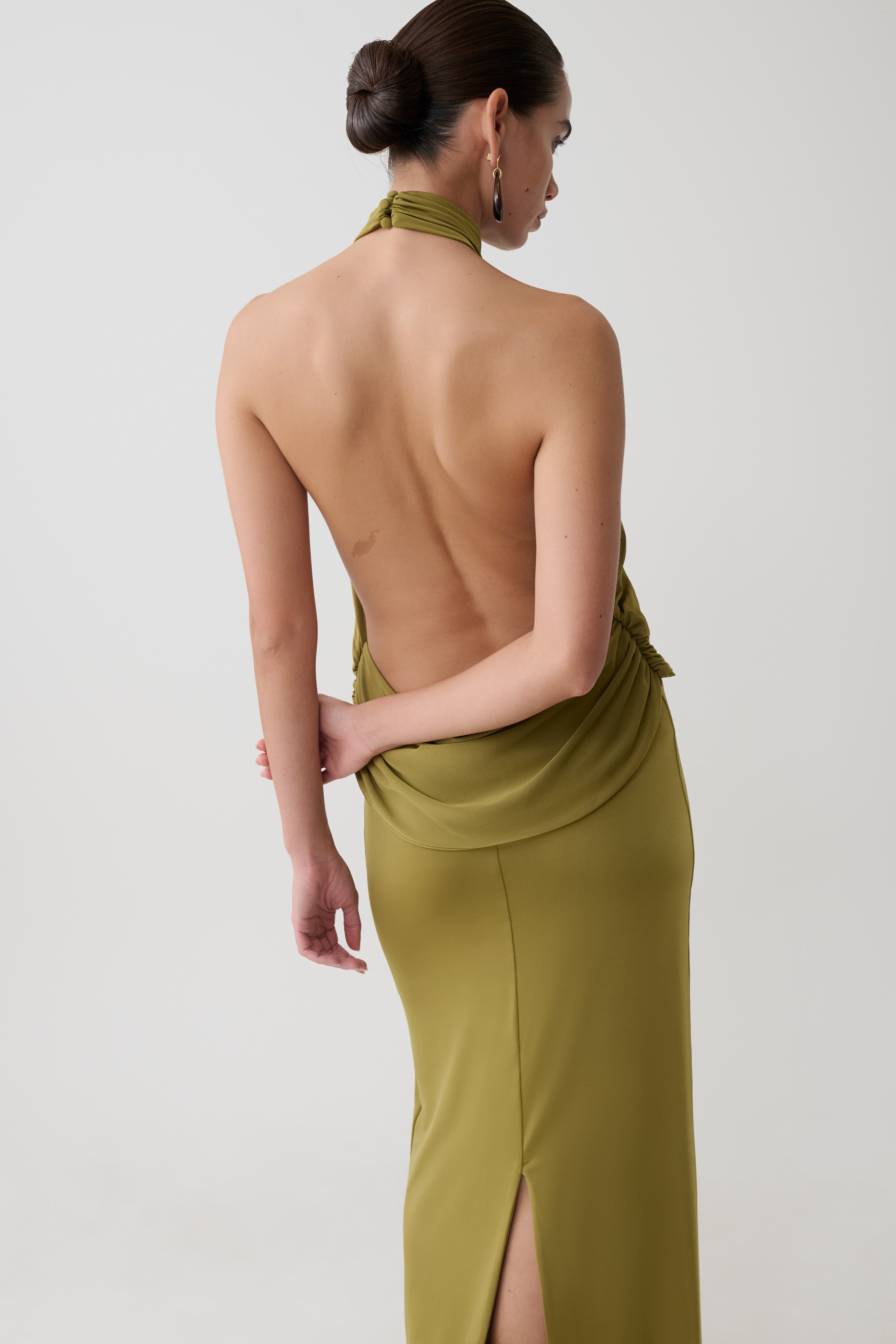 Joan Halter Neck Slinky Maxi Dress - Martini Olive