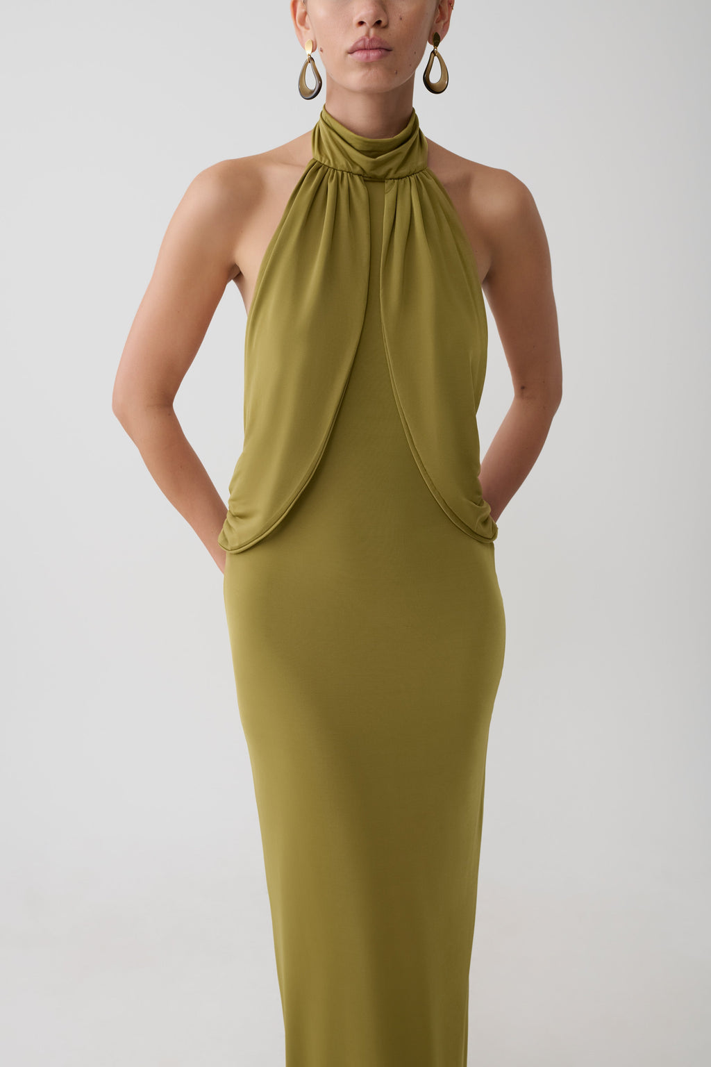 Joan Halter Neck Slinky Maxi Dress - Martini Olive