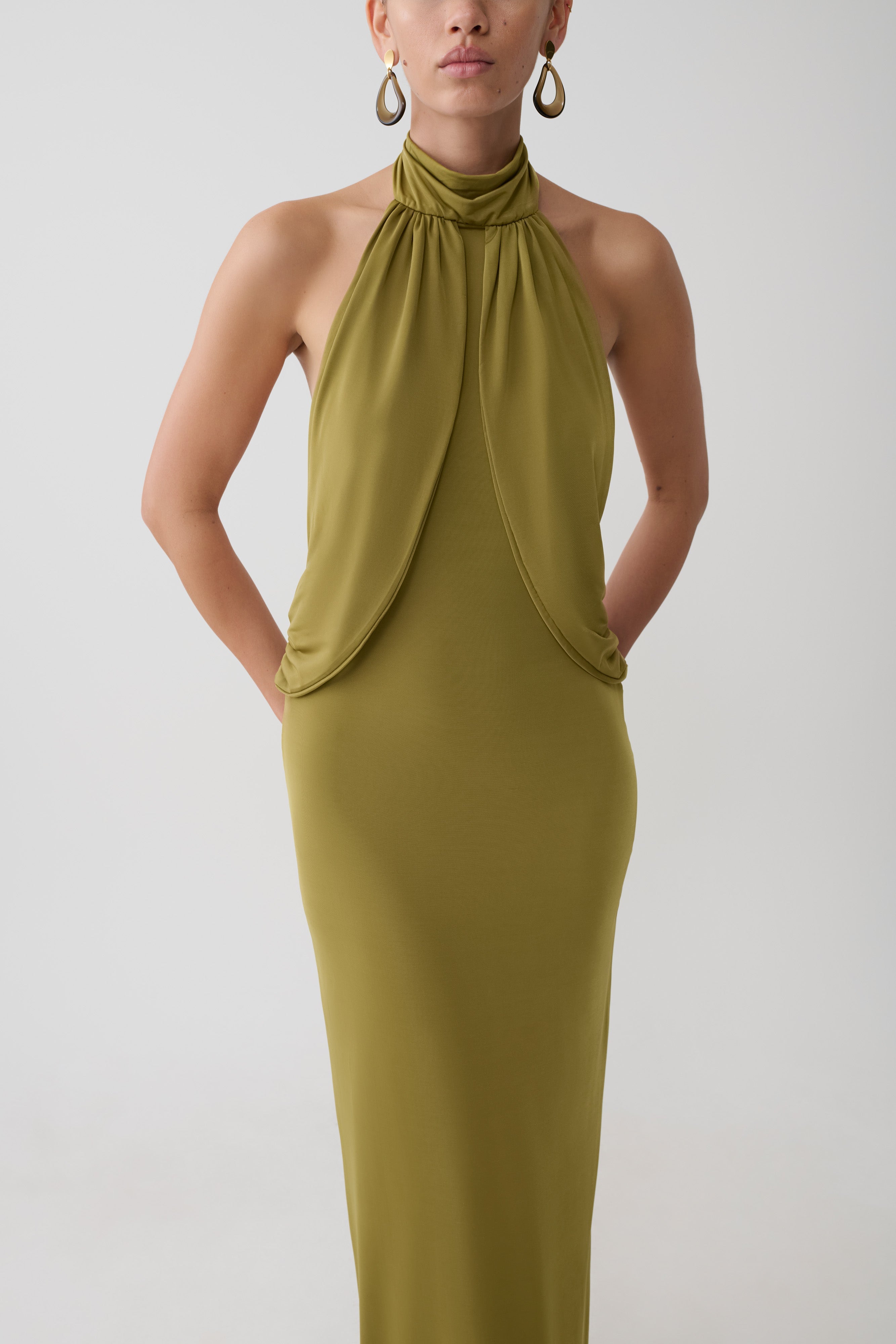 Joan Halter Neck Slinky Maxi Dress - Martini Olive