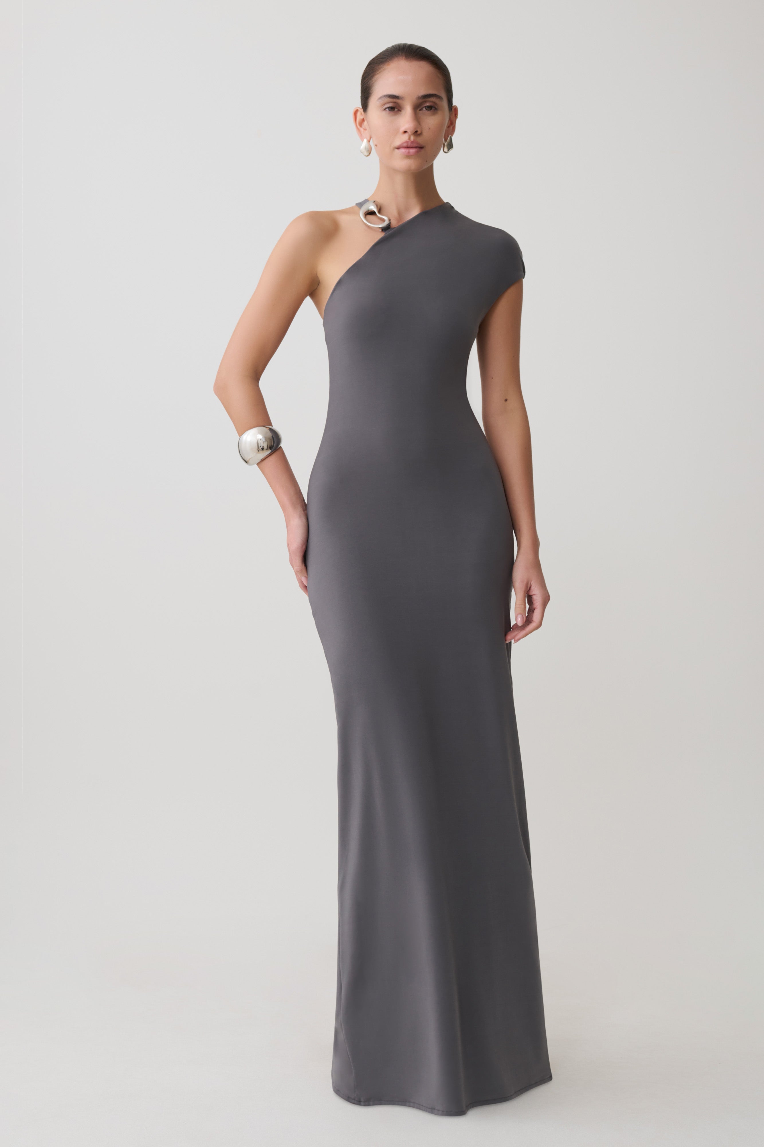 Oden Slinky Maxi Dress With Hardware - Grey