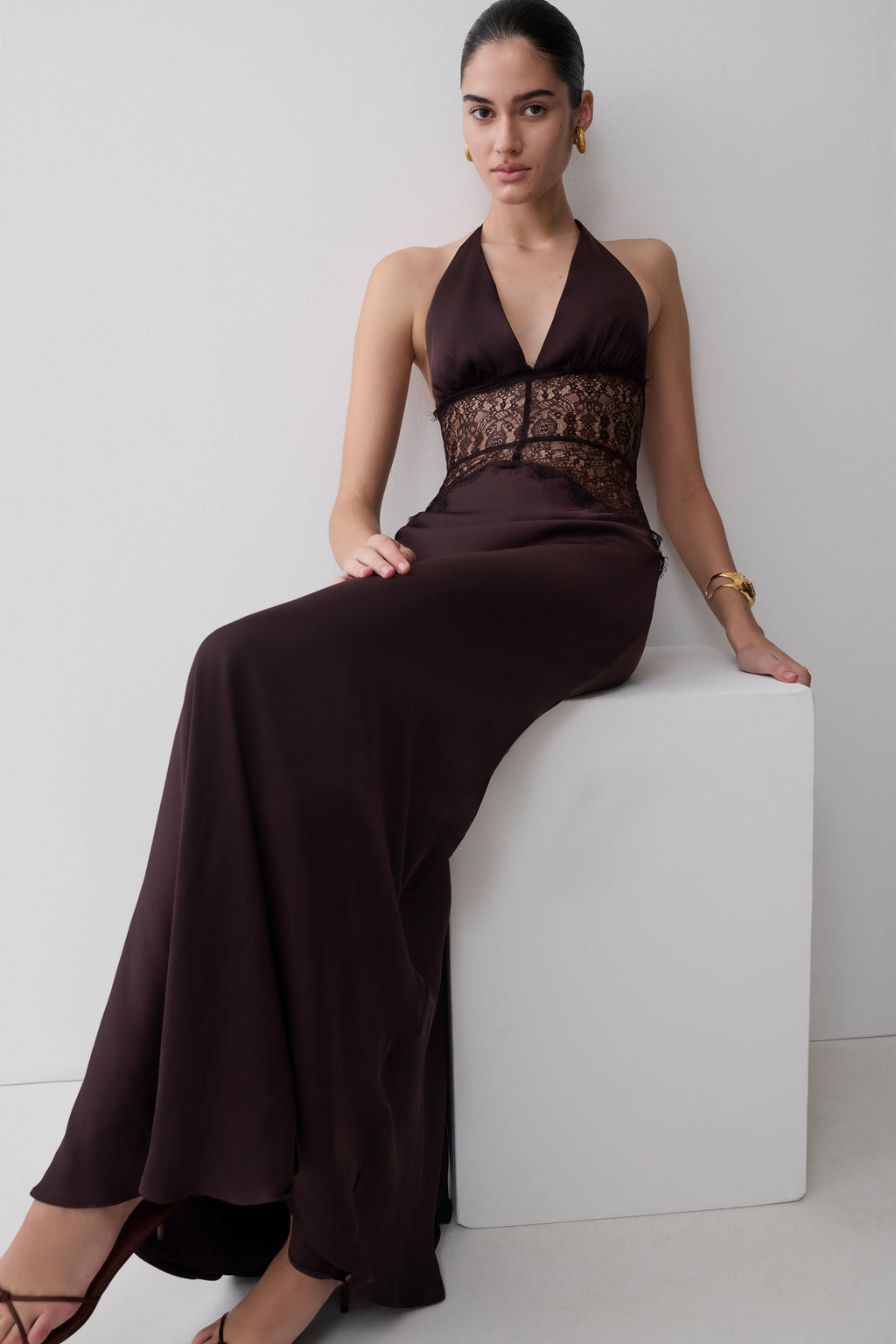 Dinah Lace And Satin Maxi Dress - Chocolate
