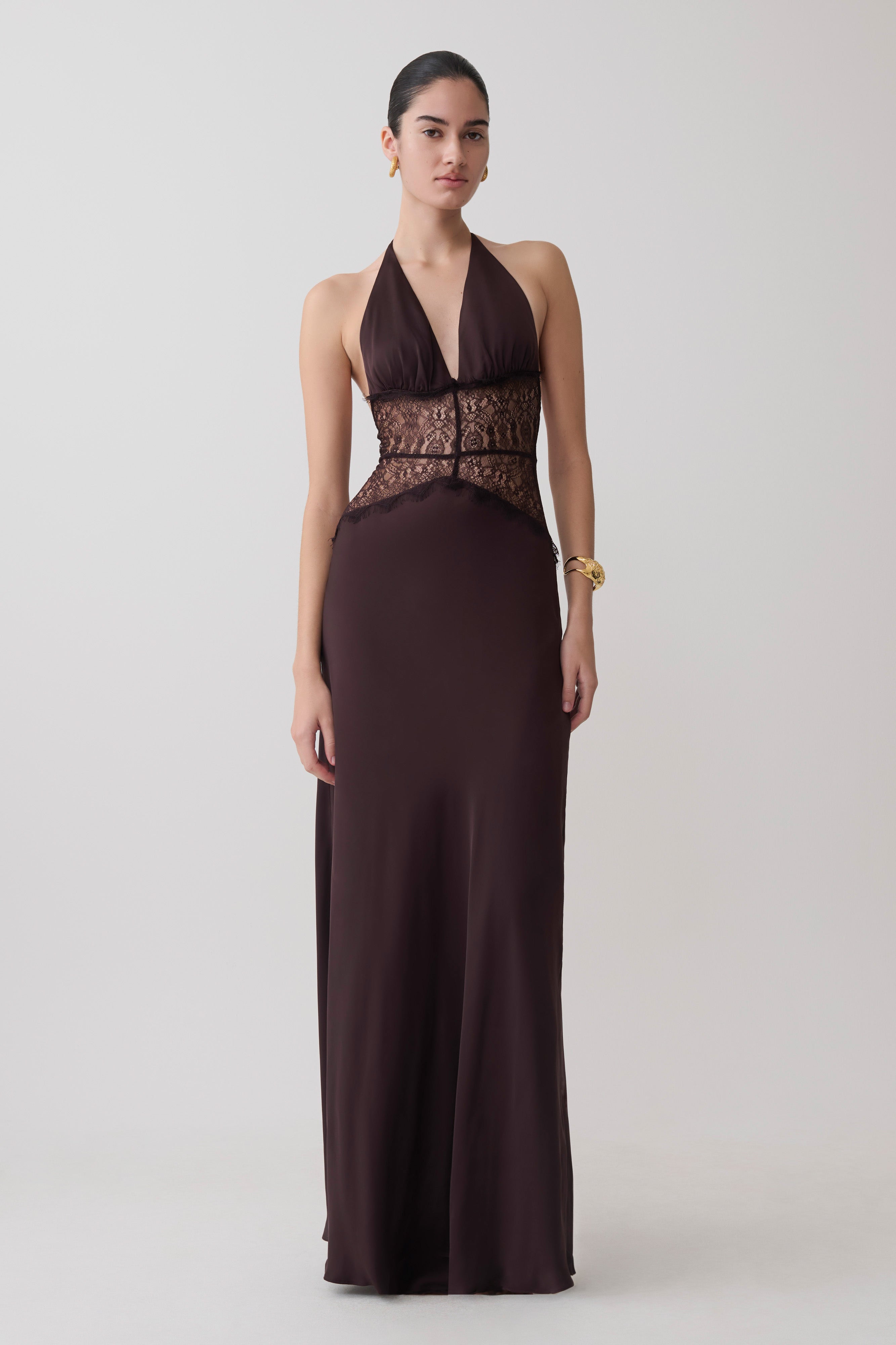 Dinah Lace And Satin Maxi Dress - Chocolate