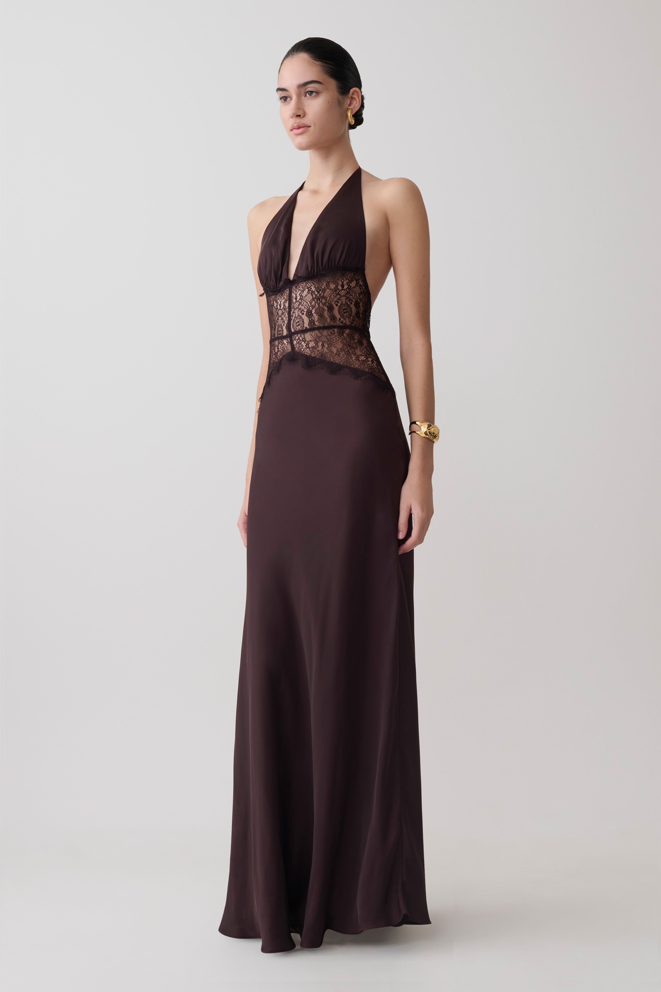 Dinah Lace And Satin Maxi Dress - Chocolate