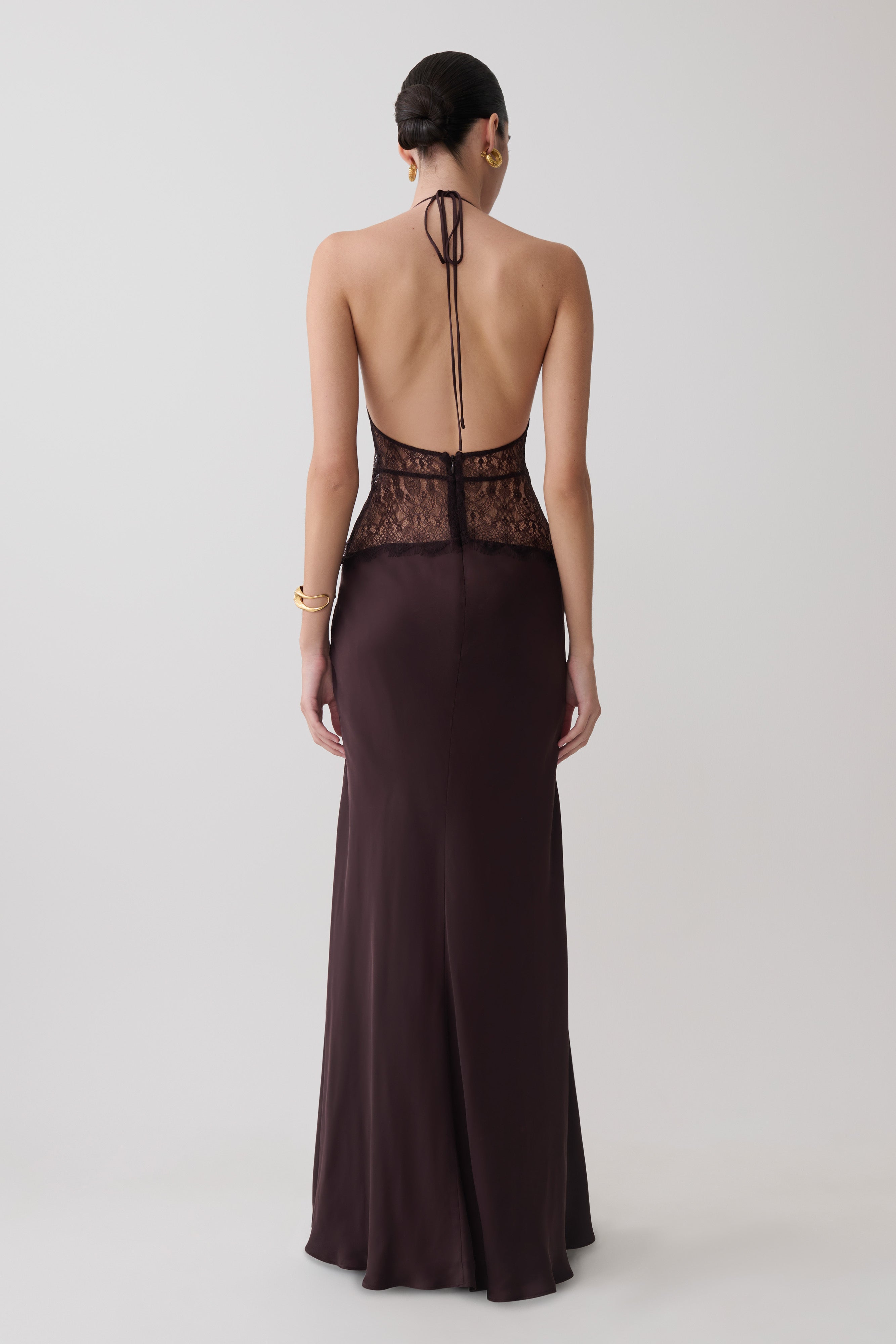 Dinah Lace And Satin Maxi Dress - Chocolate