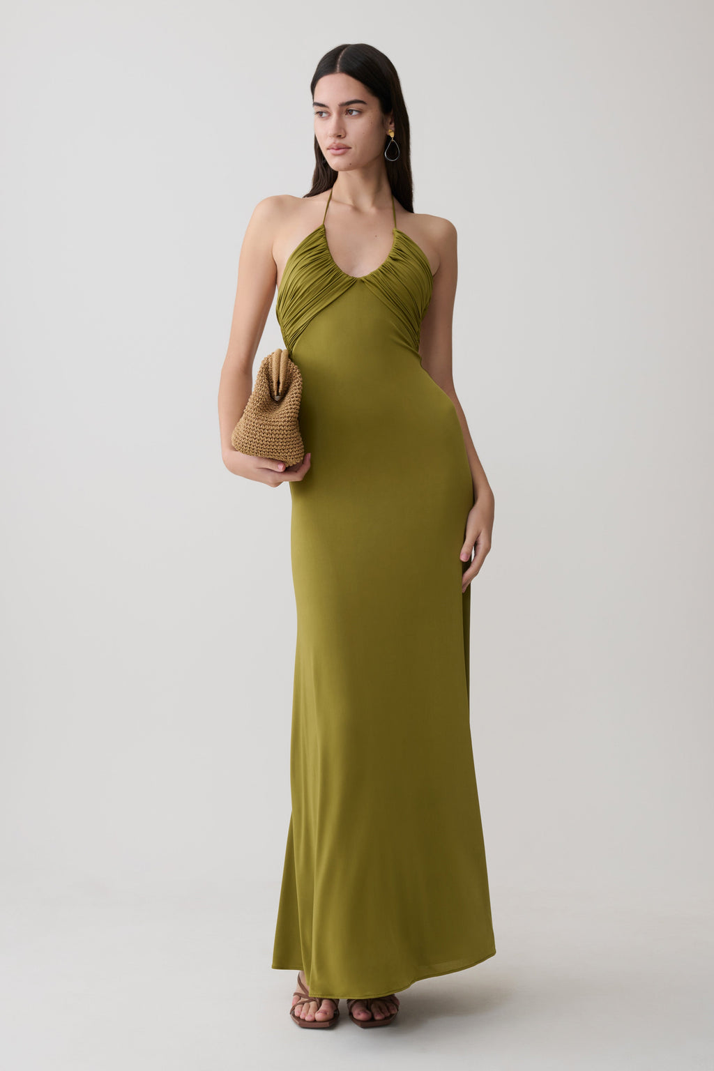 Maely Gathered Slinky Maxi Dress - Olive