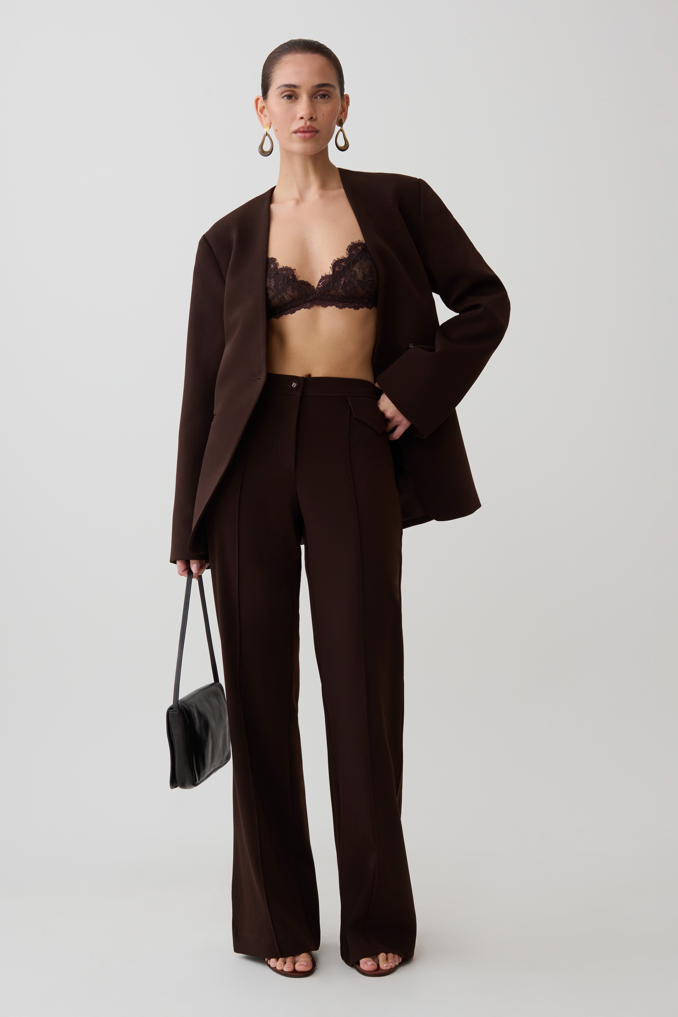 Darcie Drop Shoulder Suiting Blazer - Dark Chocolate