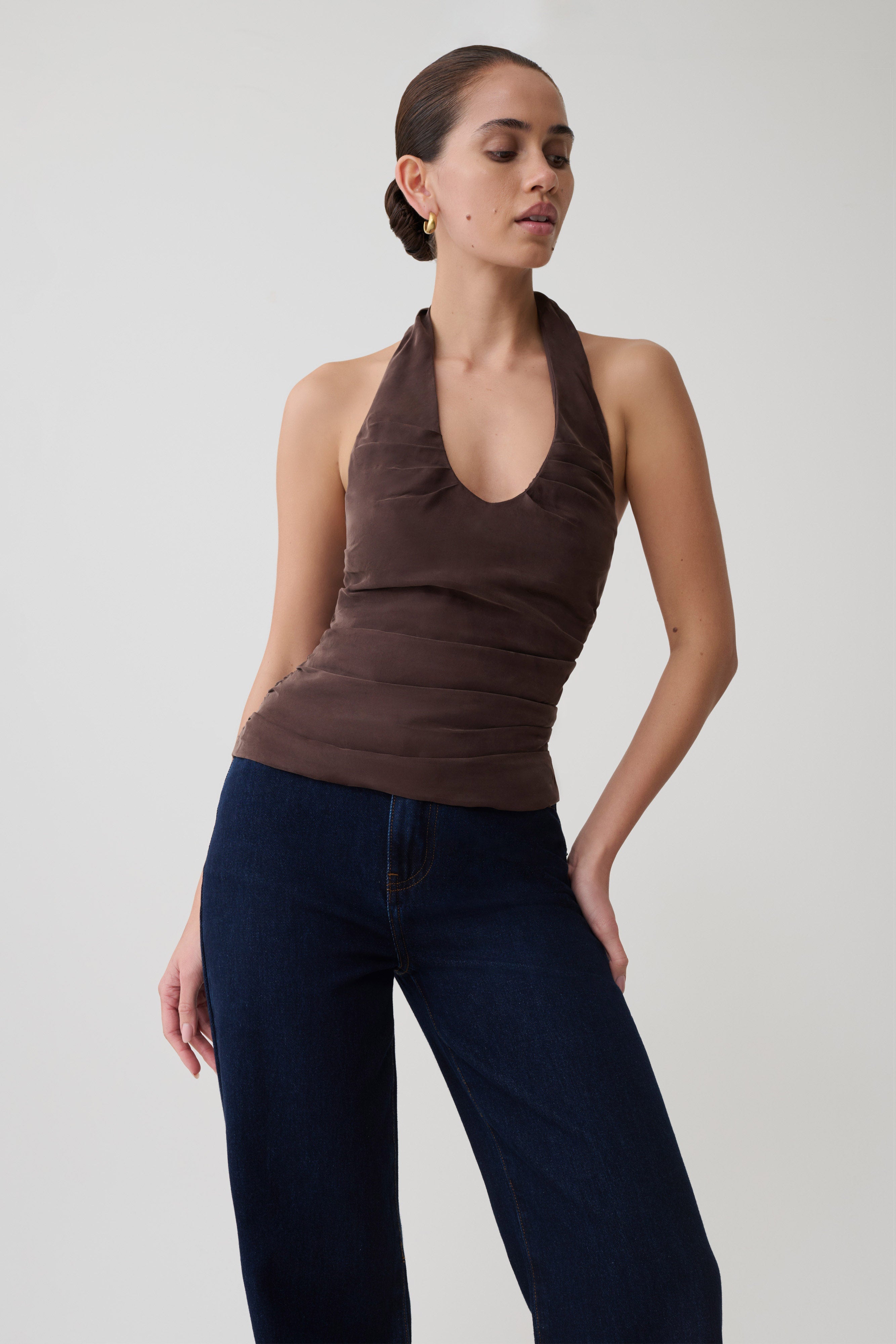 Daniela Ruched Halter Top - Dark Chocolate