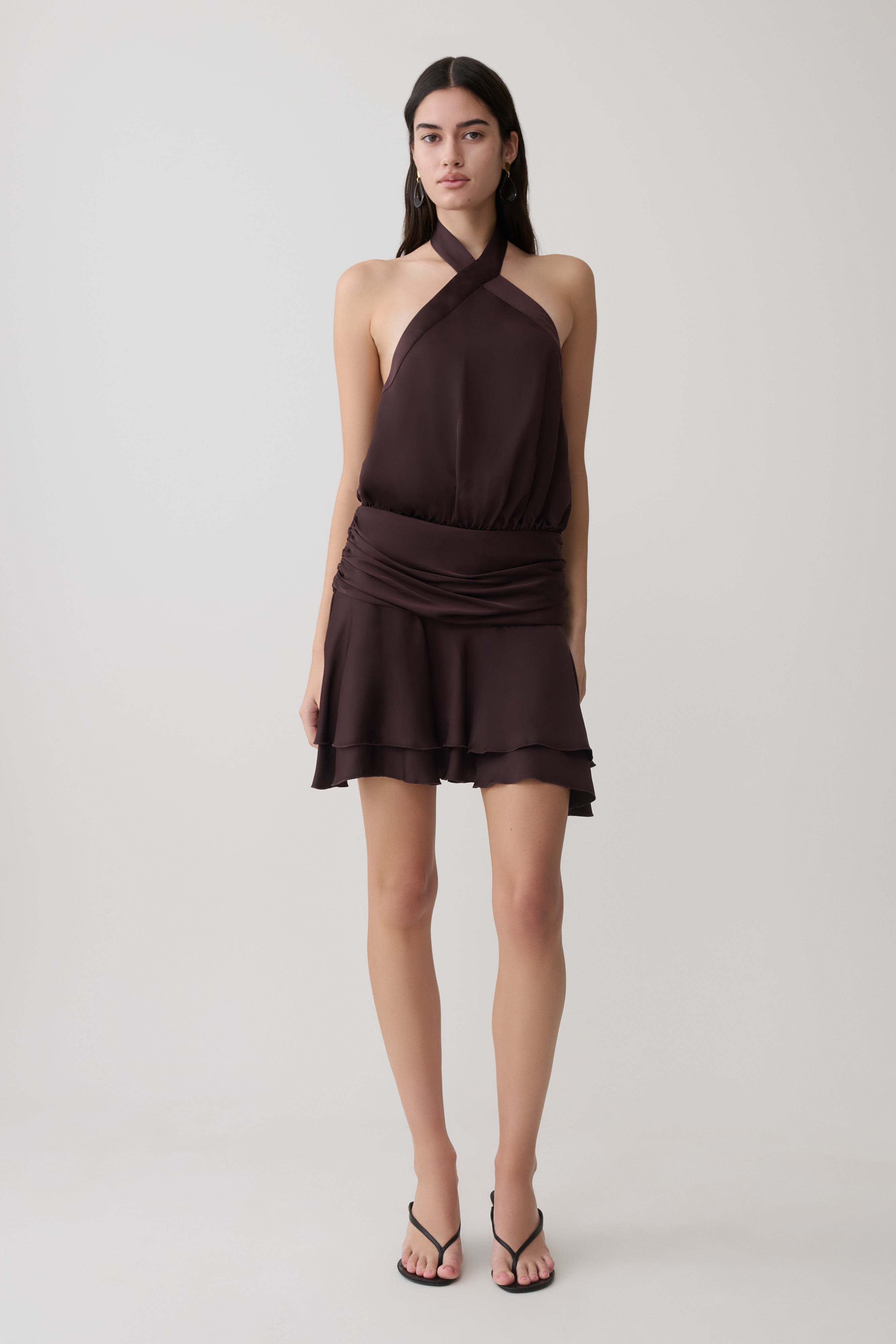 Poppy Satin Halter Mini Dress - Chocolate