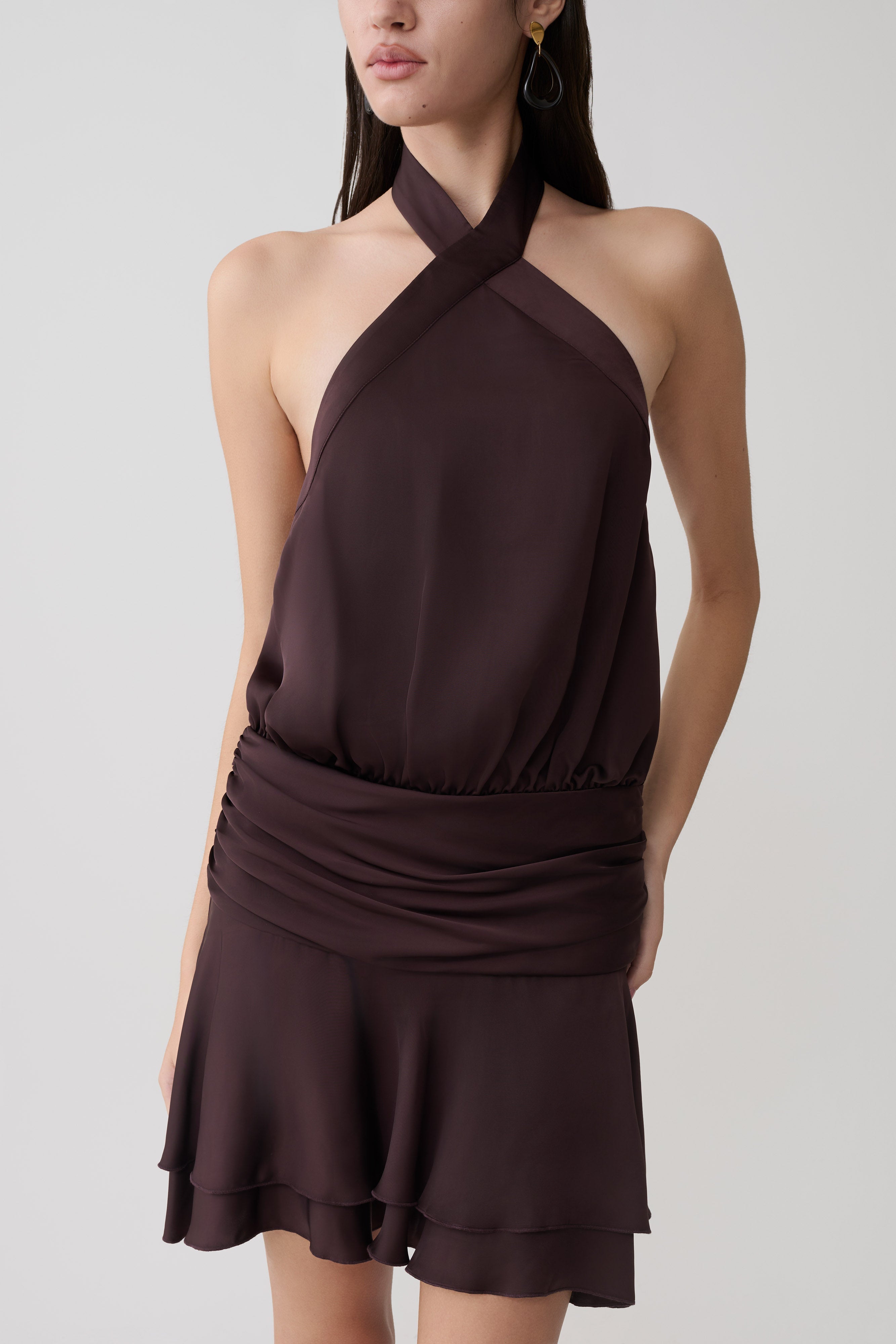 Poppy Satin Halter Mini Dress - Chocolate