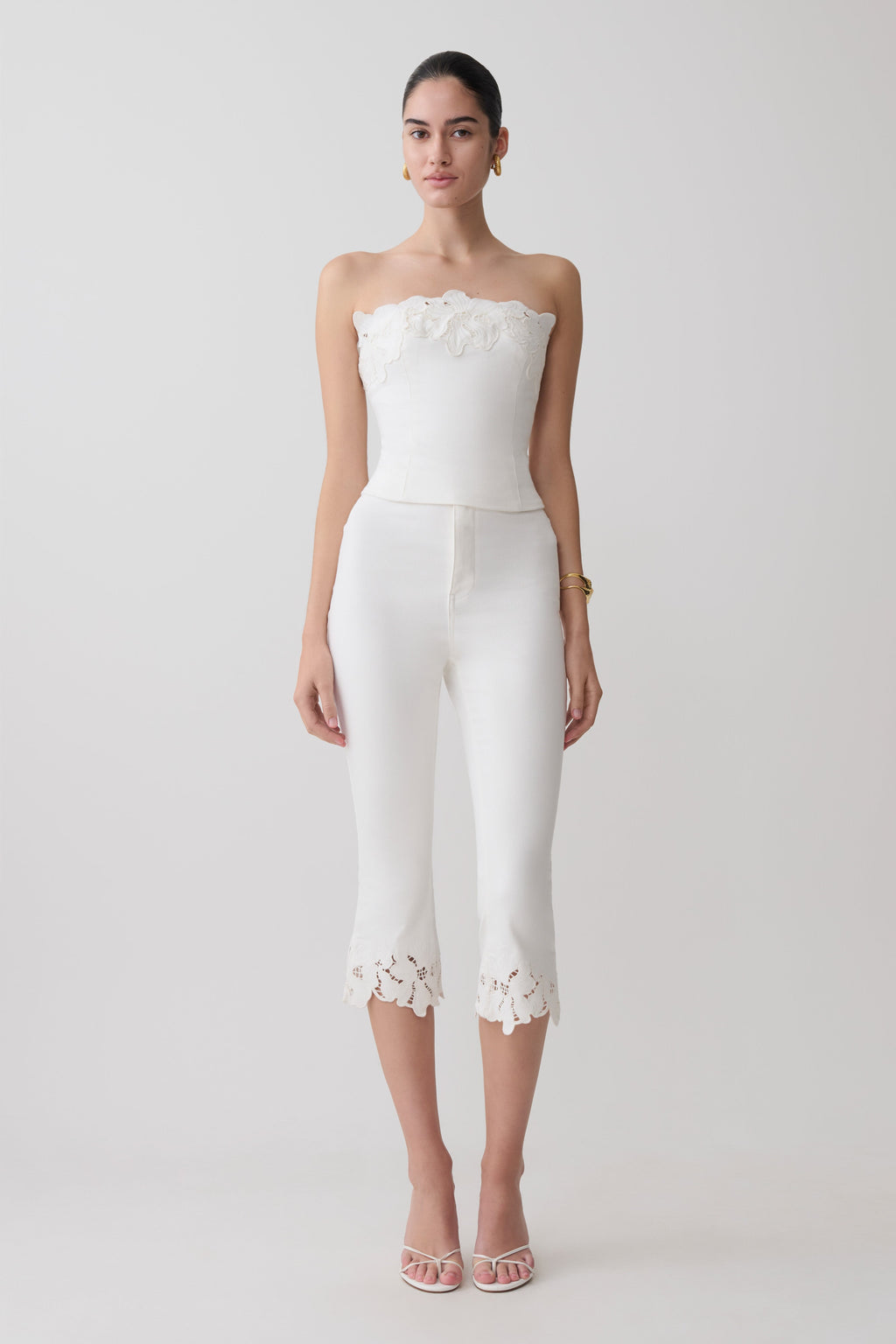 Tillie Flower Embroidery Strapless Denim Top - White
