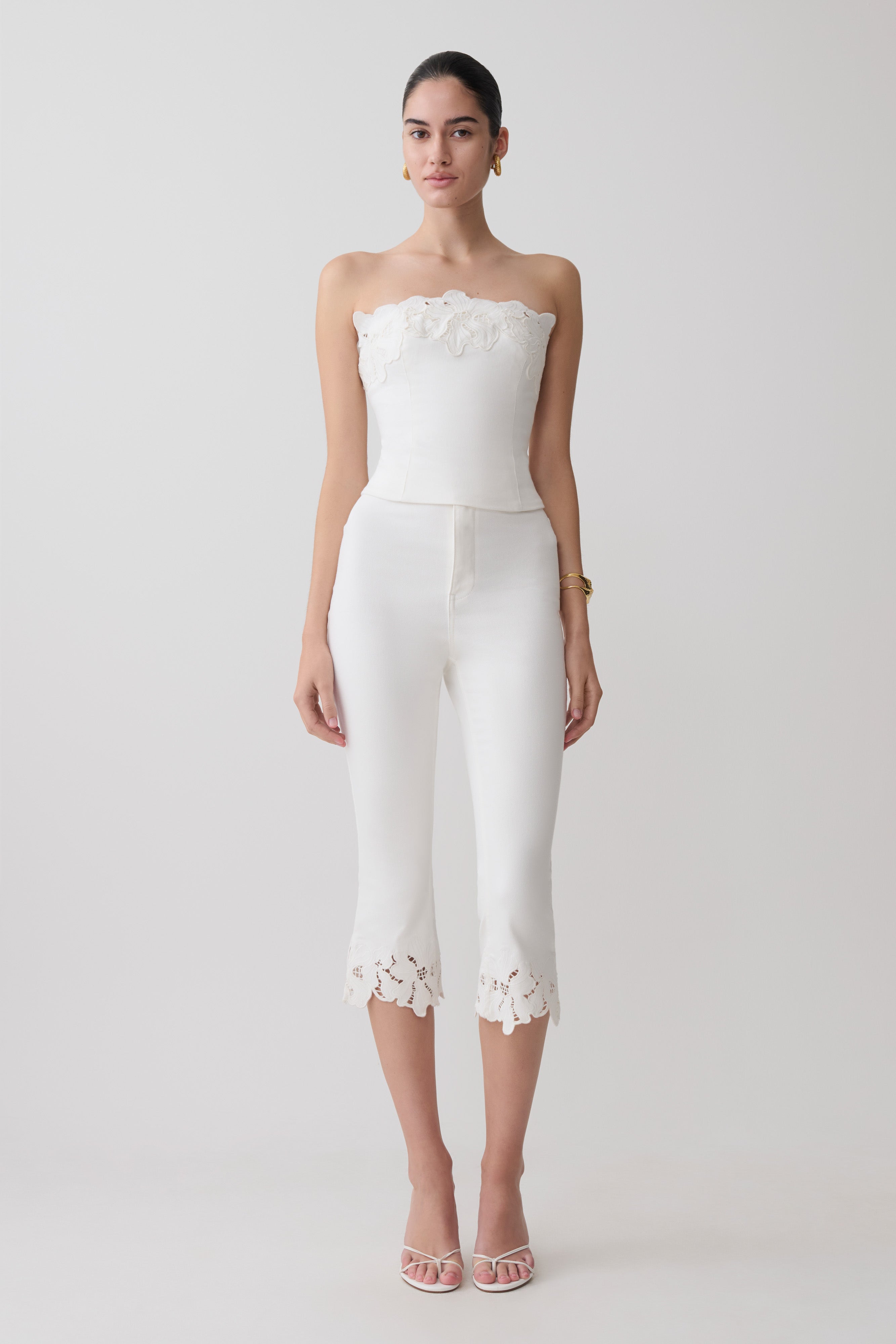 Tillie Flower Embroidery Strapless Denim Top - White