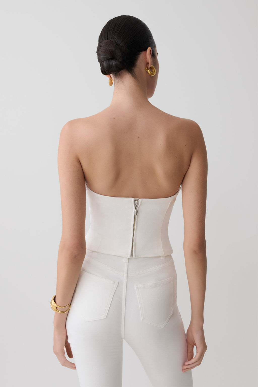 Tillie Flower Embroidery Strapless Denim Top - White