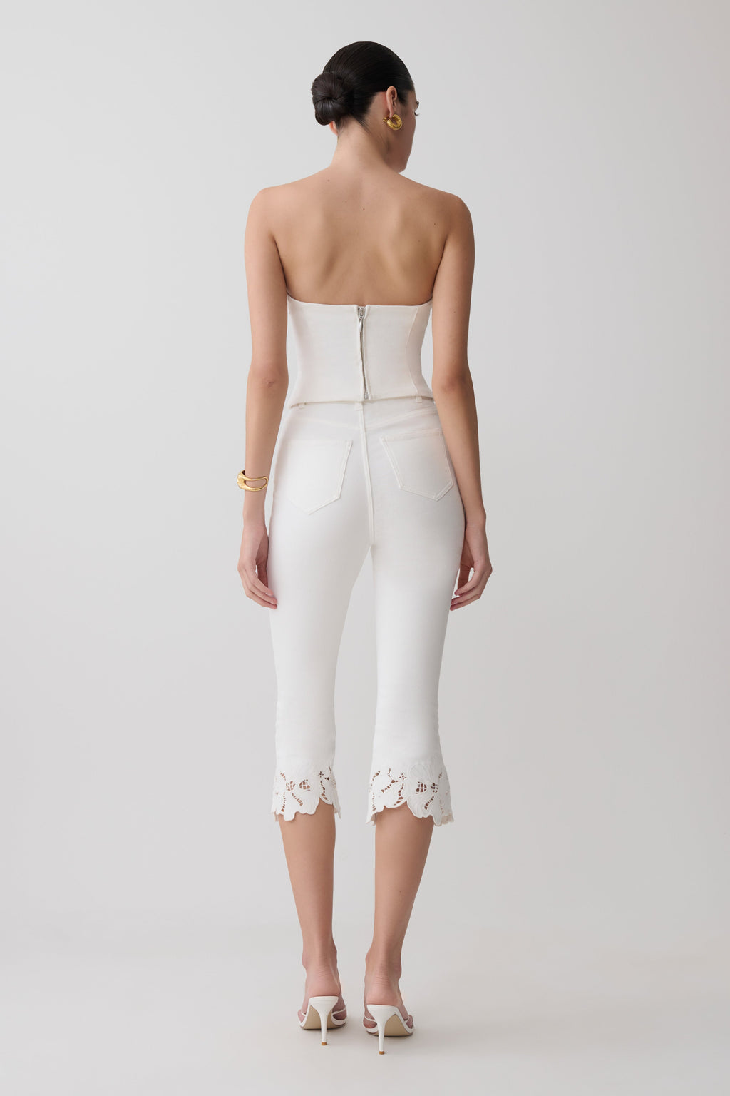 Tillie Flower Embroidery Strapless Denim Top - White