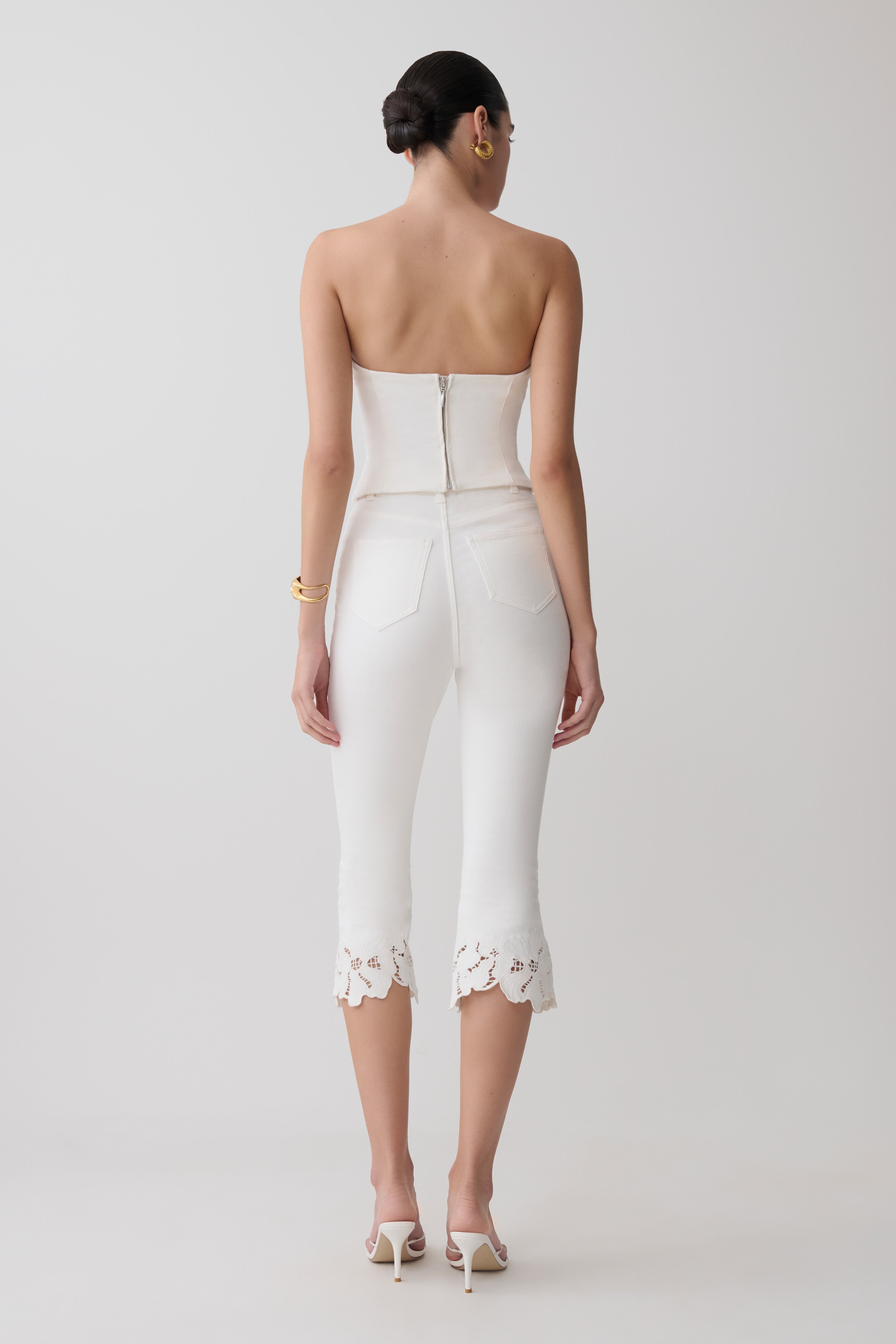 Tillie Flower Embroidery Strapless Denim Top - White